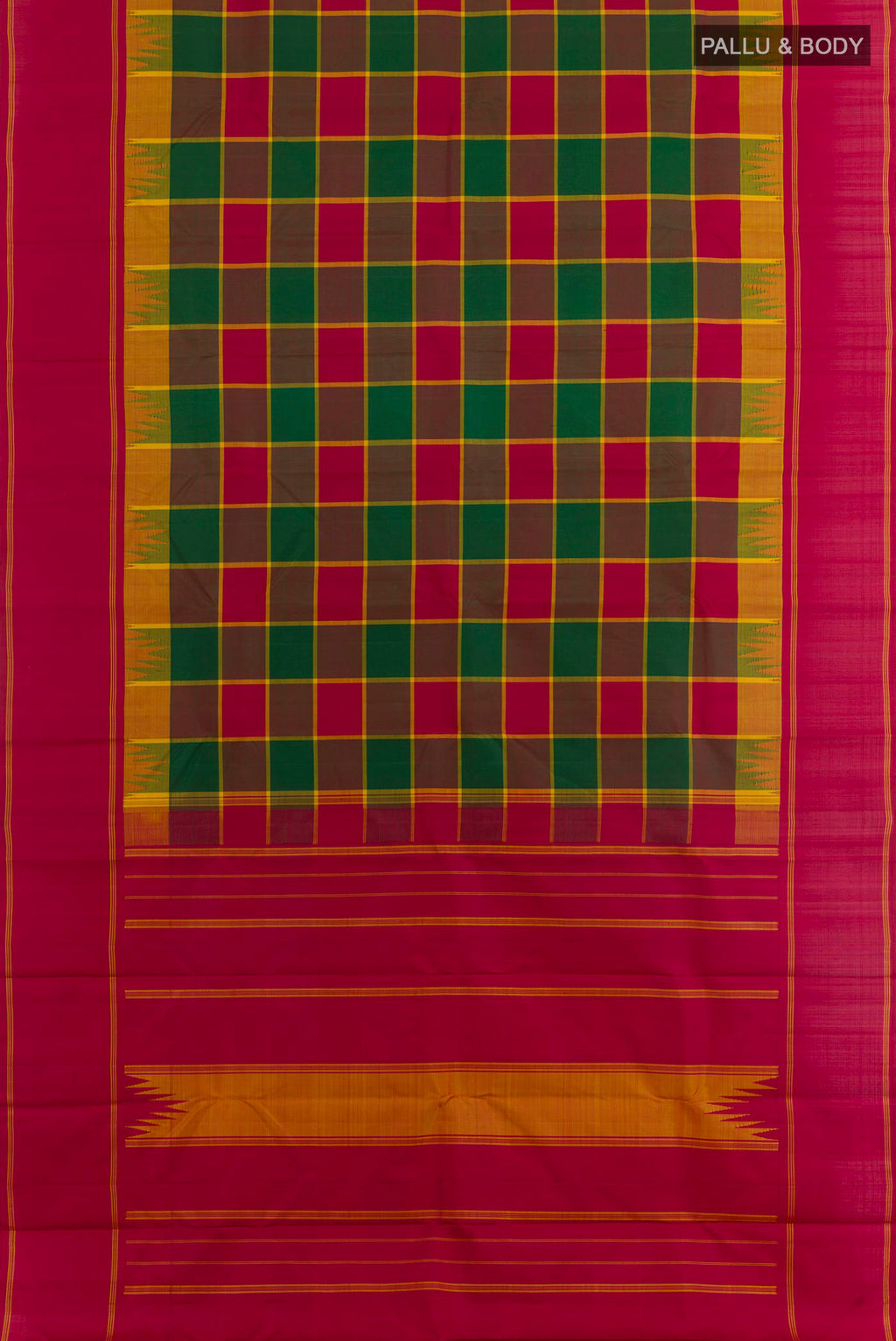 Flat view of Multi Color Kanjivaram Silk Saree with Checked design on the body and Zari Border. 