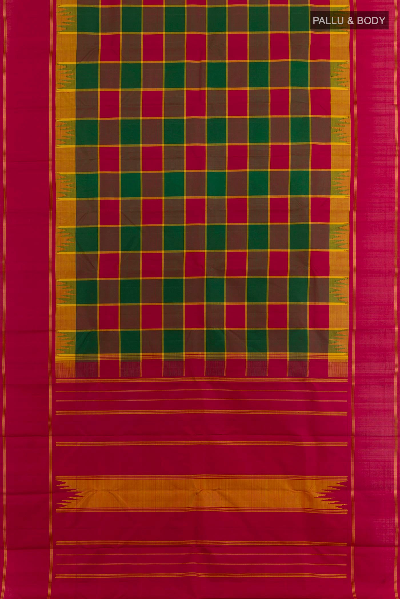 Flat view of Multi Color Kanjivaram Silk Saree with Checked design on the body and Zari Border. 