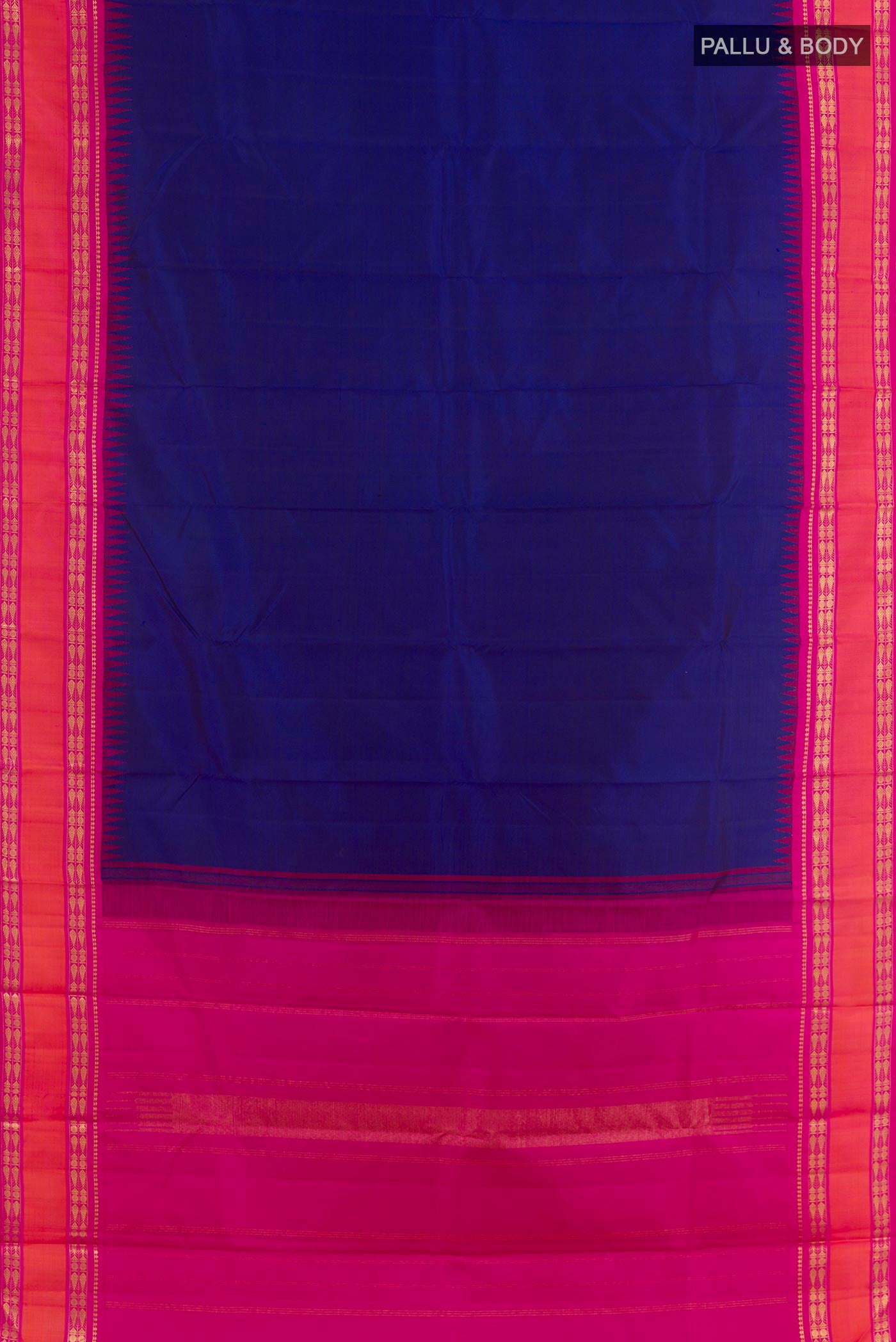 Flat view of Blue Kanjivaram Silk Saree with Plain Body and Zari Border. 
