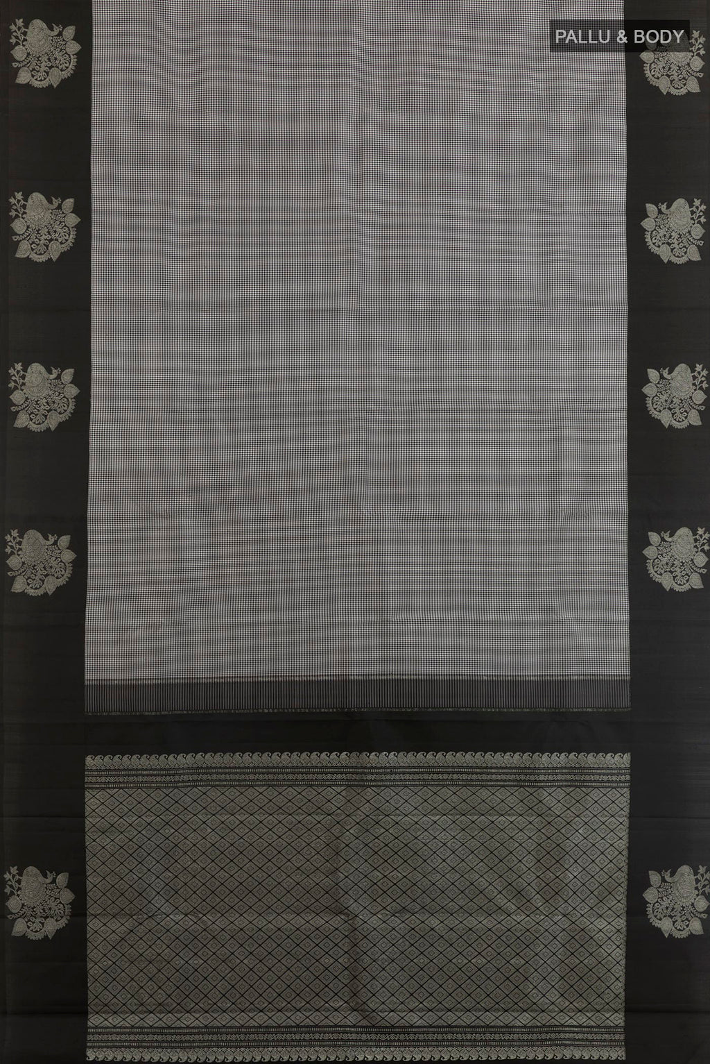 Flat view of White Kanjivaram Silk Saree with Checked design on the body and Zari Border. 