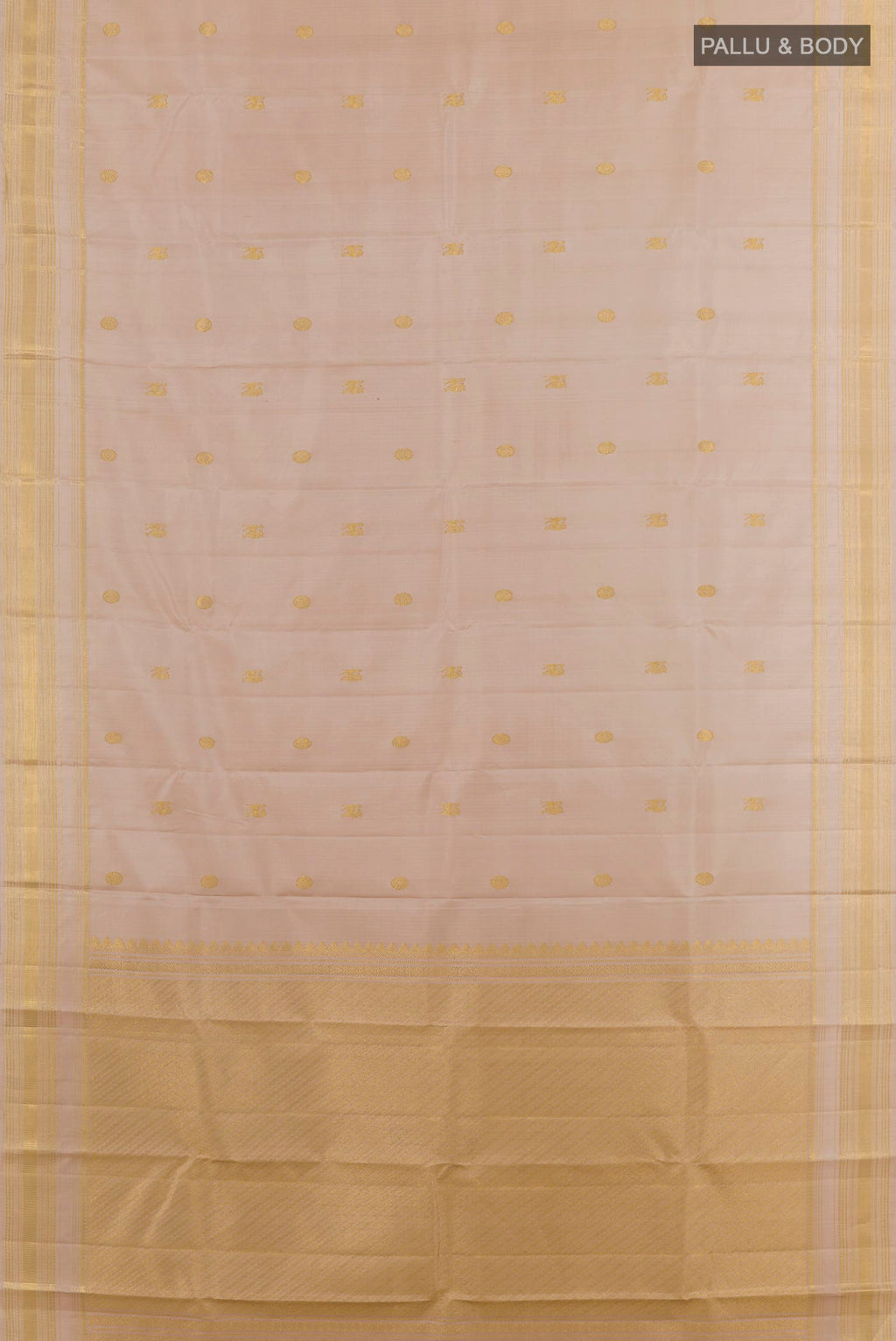 Flat view of Cream Kanchipuram Silk Saree with Zari Butta on the body and Zari Border. 