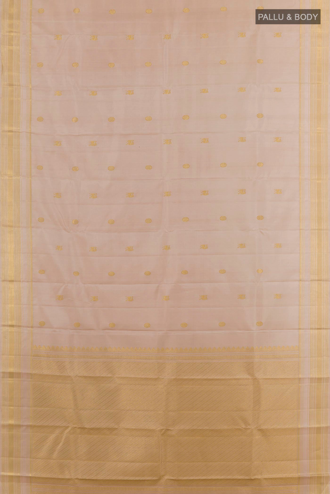 Flat view of Cream Kanchipuram Silk Saree with Zari Butta on the body and Zari Border. 