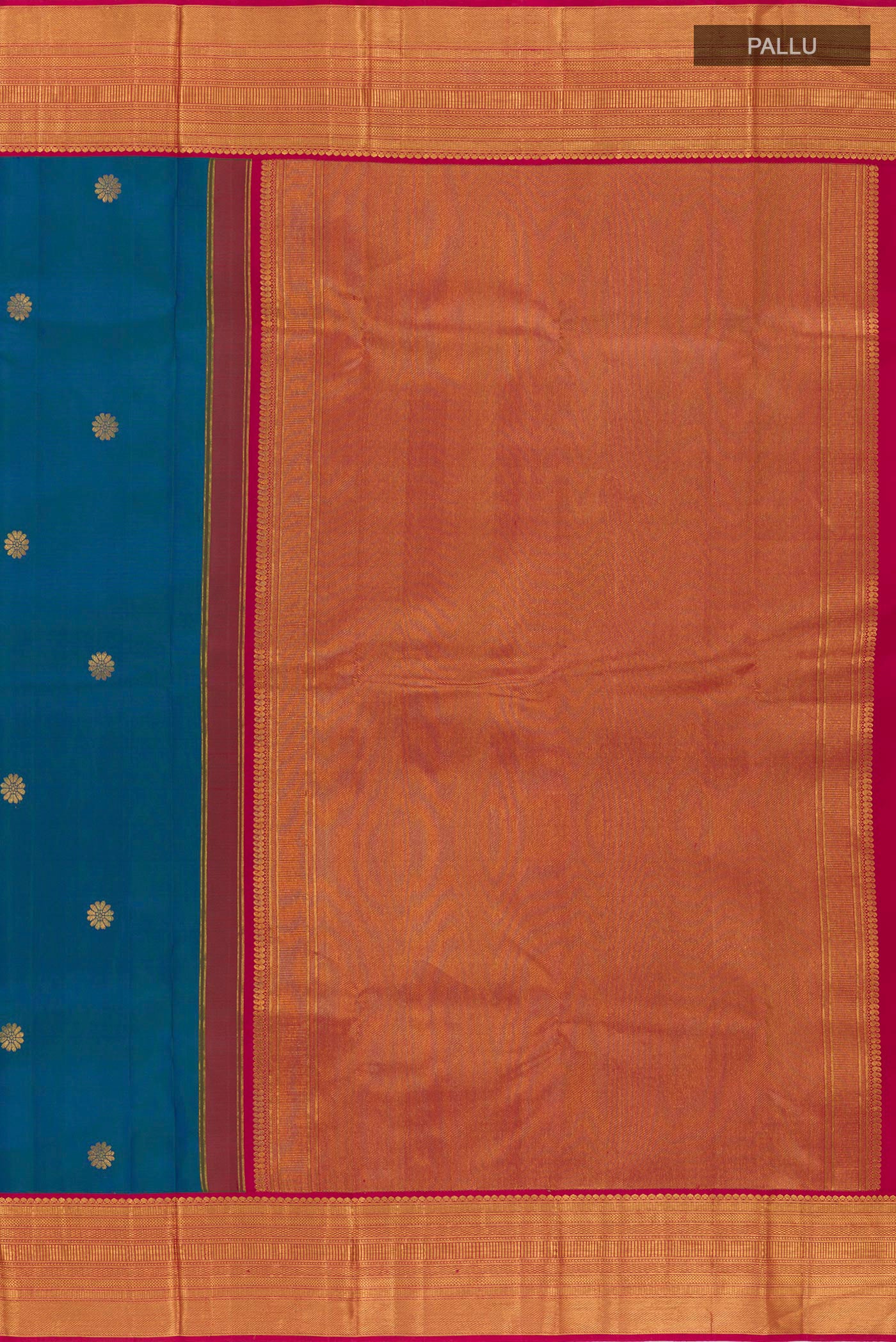 Close up image of the pallu of Peacock Blue Kanjivaram Silk Saree with Zari Butta on the body and Zari Border. 