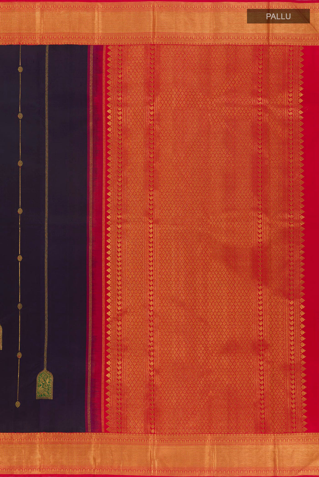 Close up image of the pallu of Blue Kanchipuram Silk Saree with Zari Butta on the body and Zari Border. 