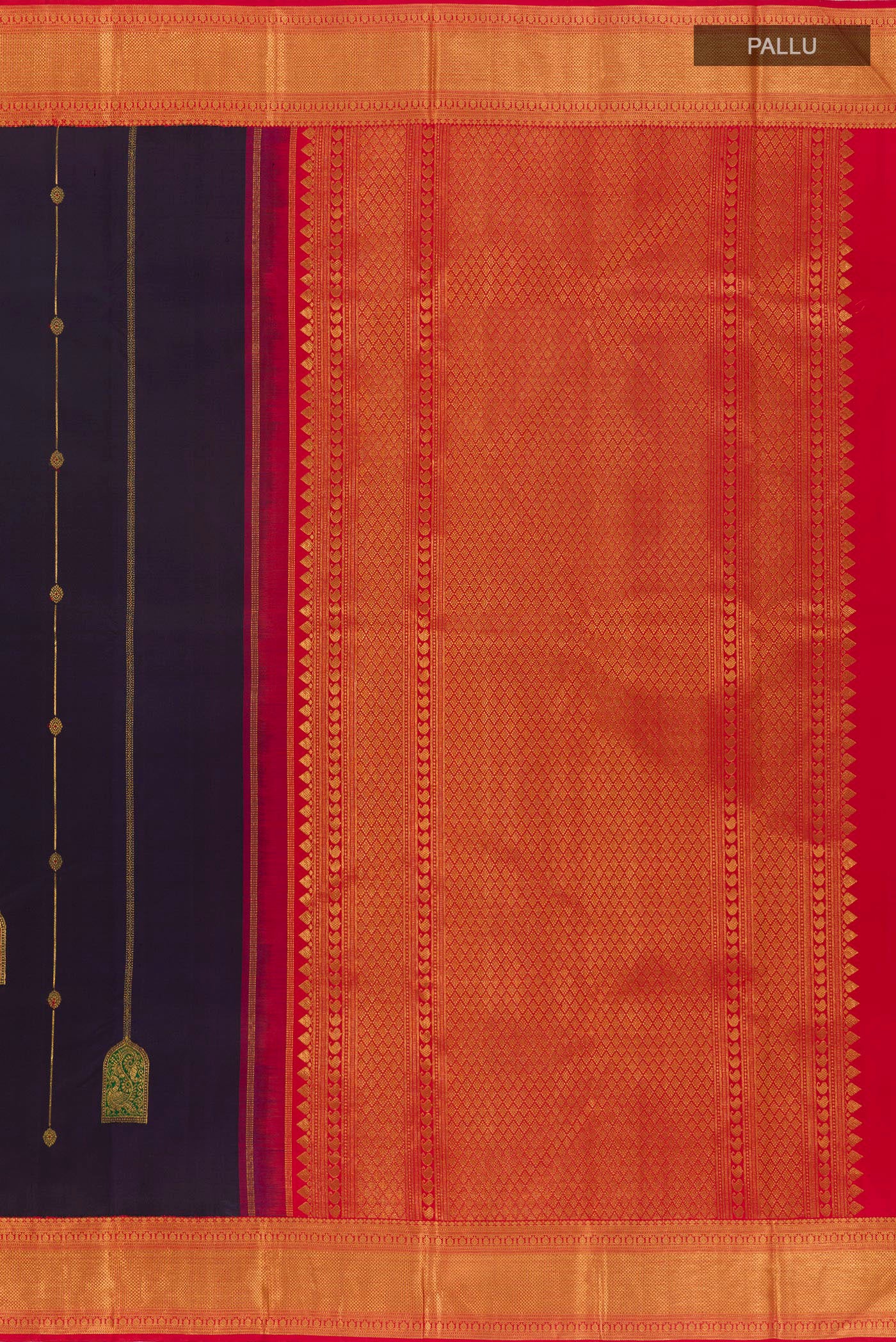 Close up image of the pallu of Blue Kanchipuram Silk Saree with Zari Butta on the body and Zari Border. 