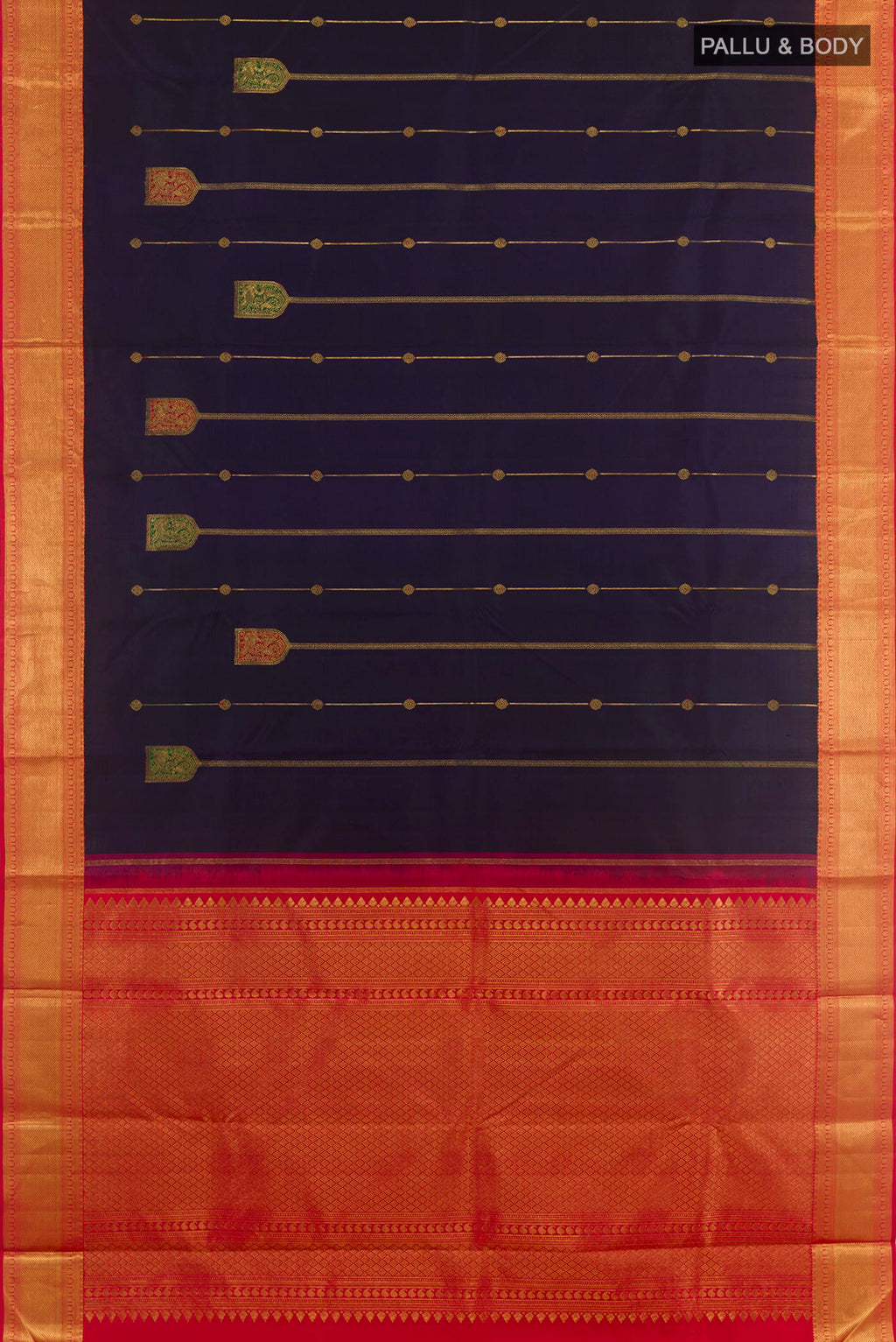 Flat view of Blue Kanchipuram Silk Saree with Zari Butta on the body and Zari Border. 