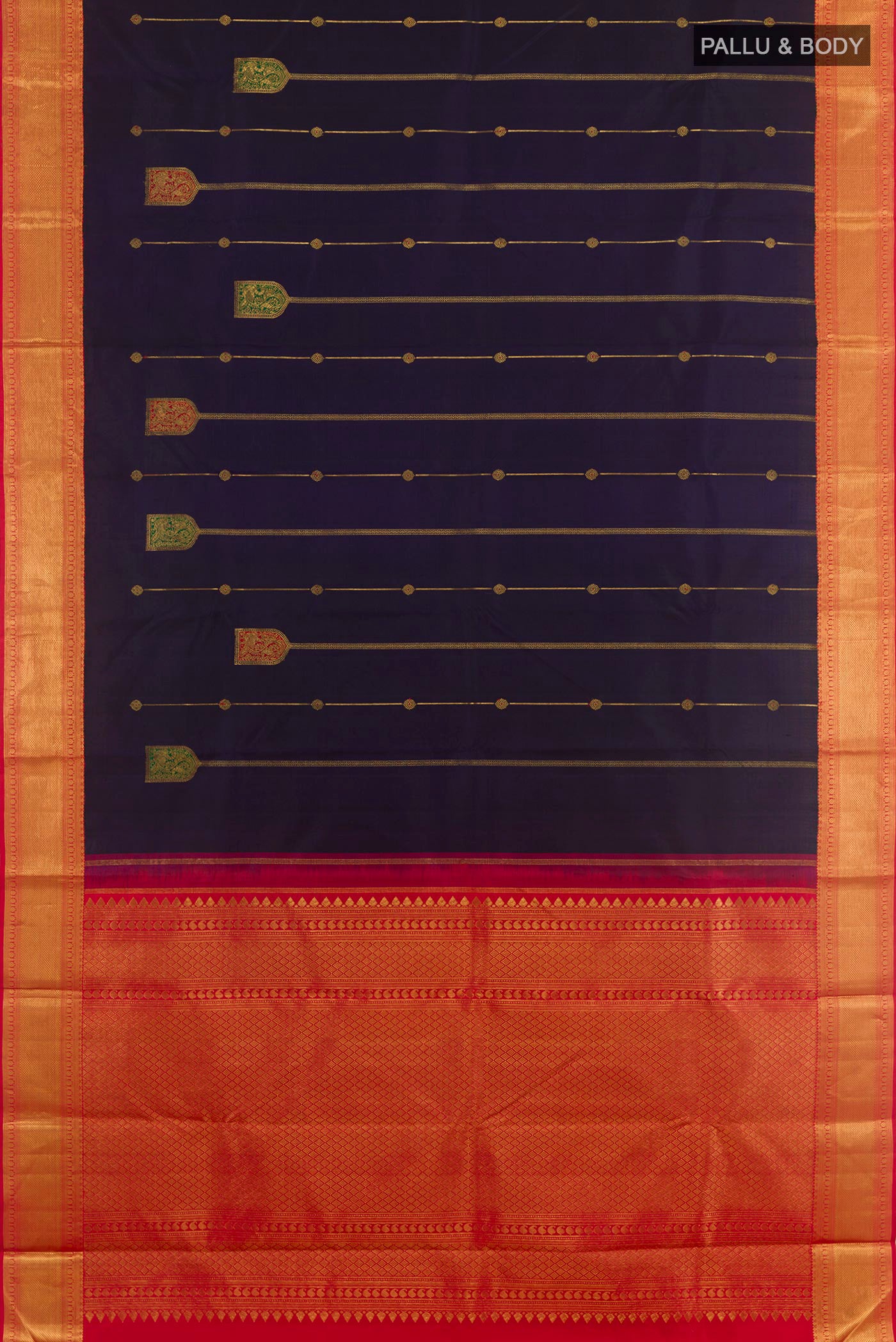 Flat view of Blue Kanchipuram Silk Saree with Zari Butta on the body and Zari Border. 