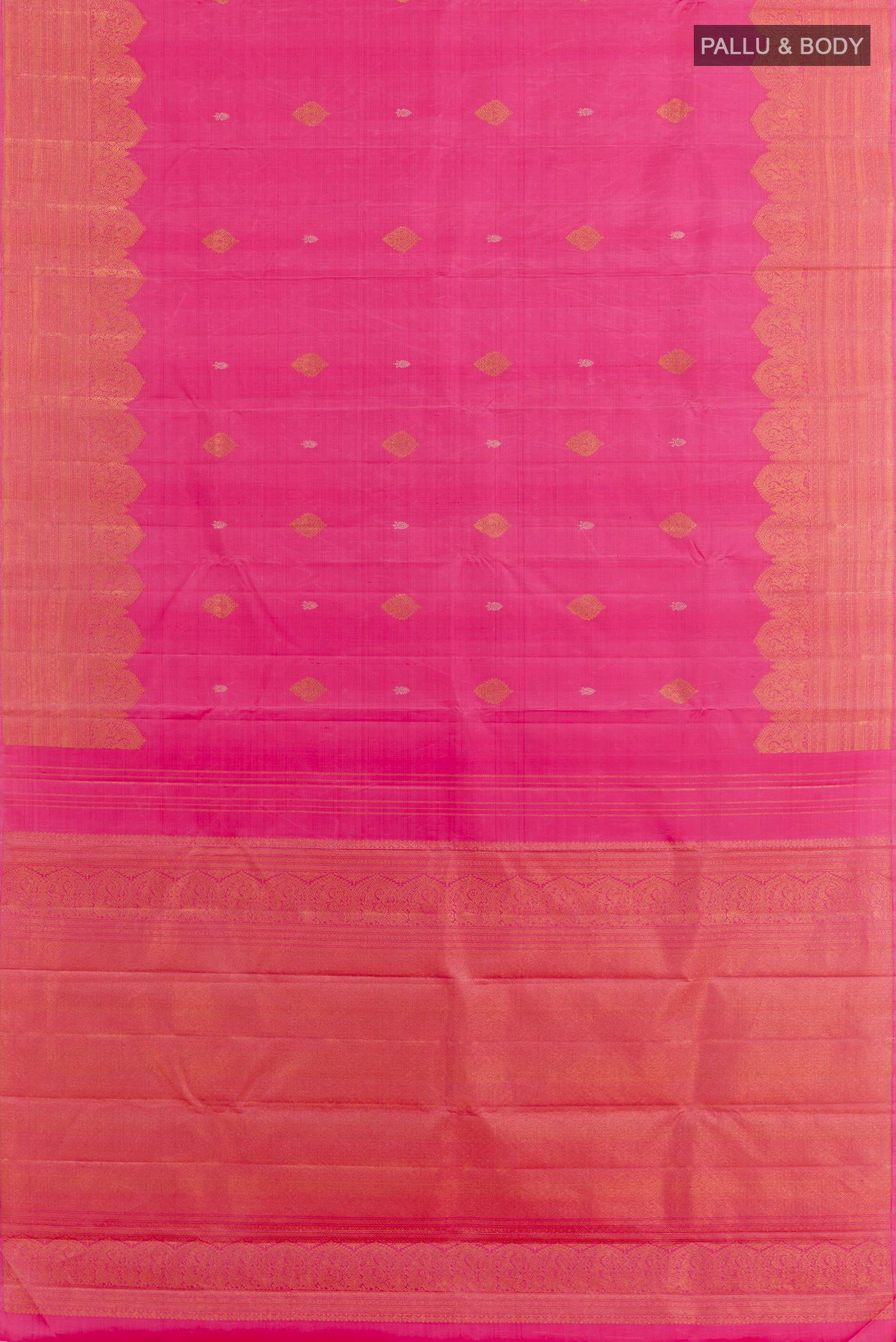 Flat view of Pink Kanjivaram Silk Saree with Zari Butta on the body and Zari Border. 