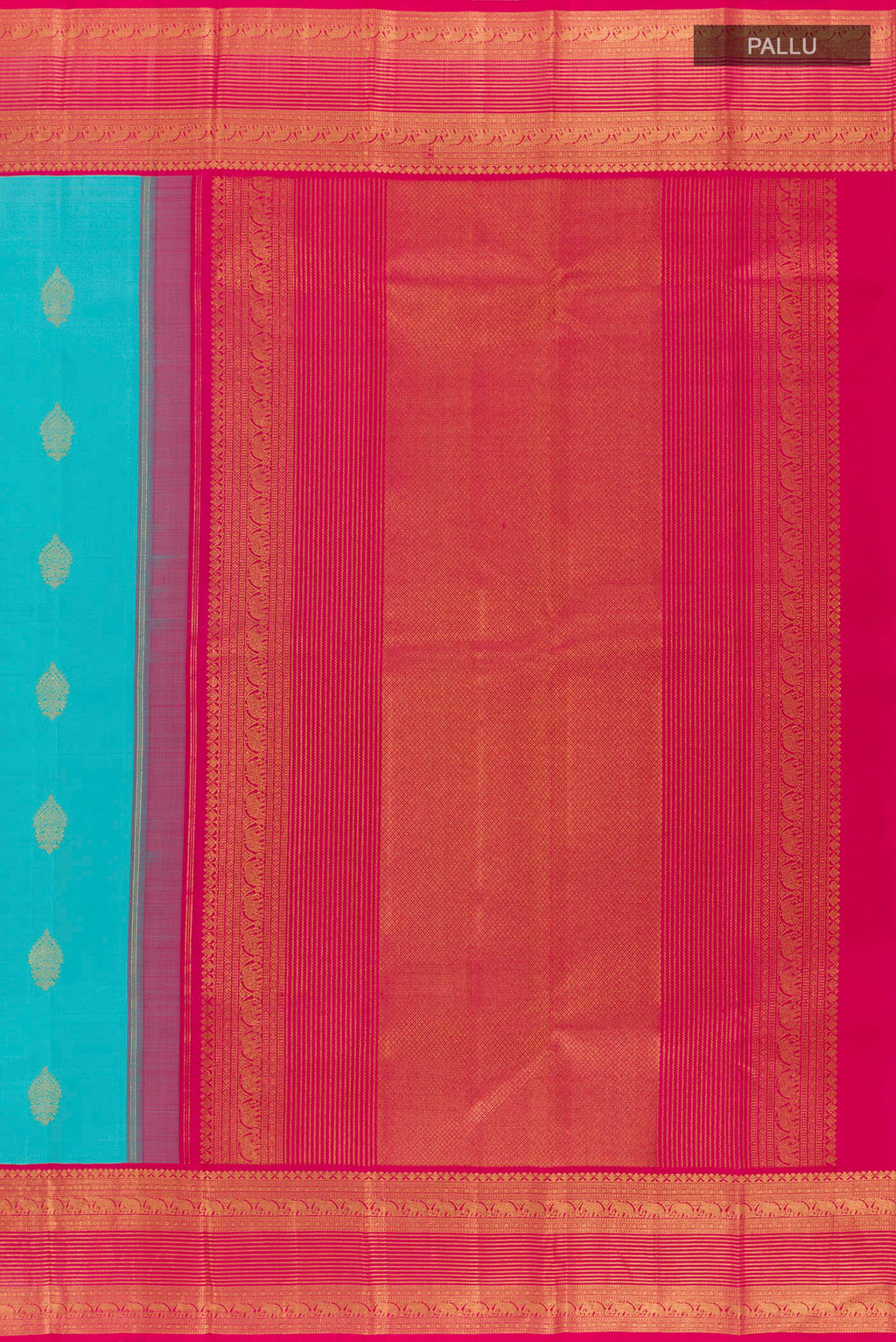 Close up image of the pallu of Blue Kanjivaram Silk Saree with Zari Butta on the body and Zari Border. 