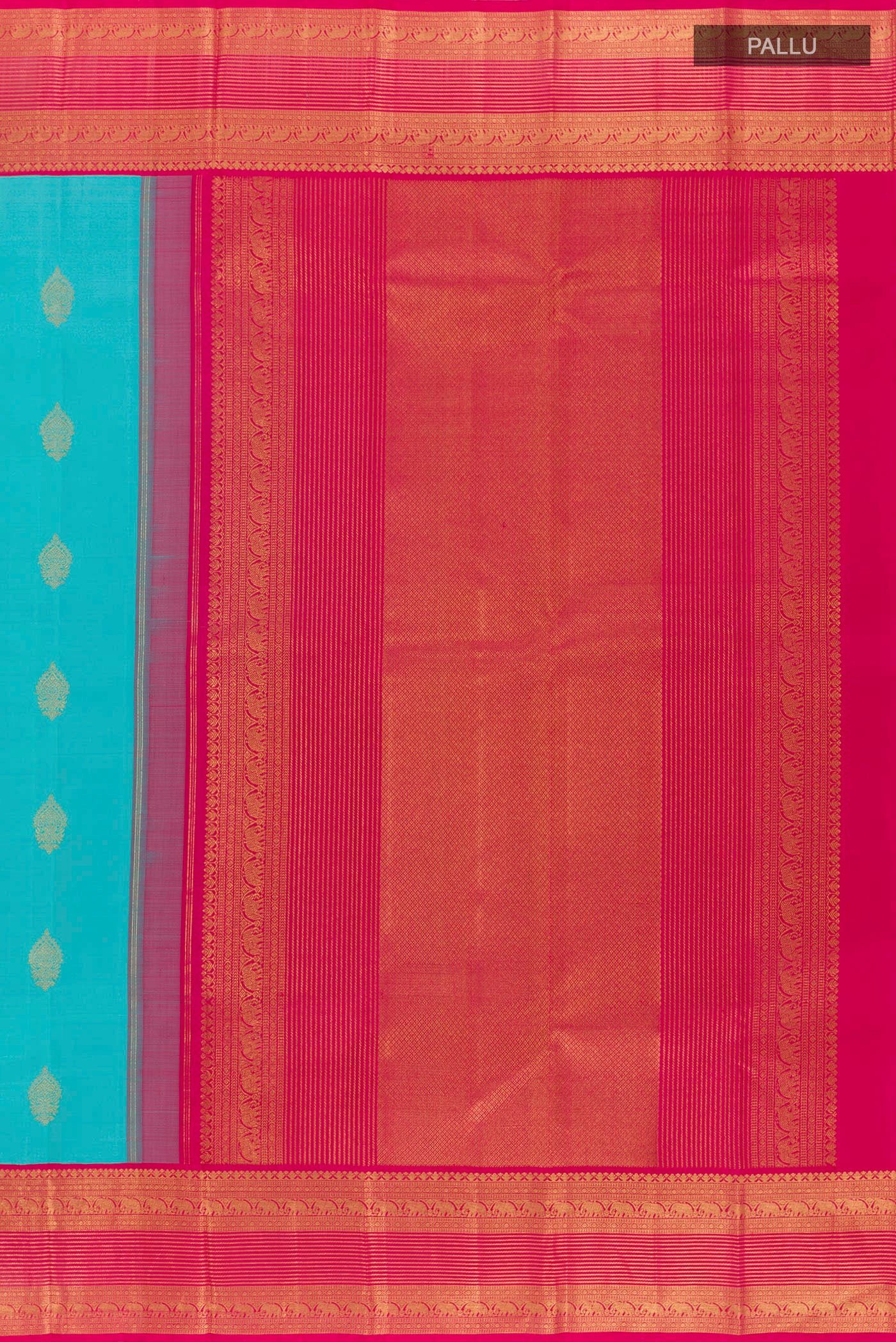 Close up image of the pallu of Blue Kanjivaram Silk Saree with Zari Butta on the body and Zari Border. 