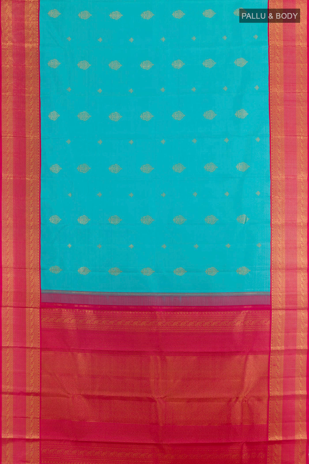 Flat view of Blue Kanjivaram Silk Saree with Zari Butta on the body and Zari Border. 