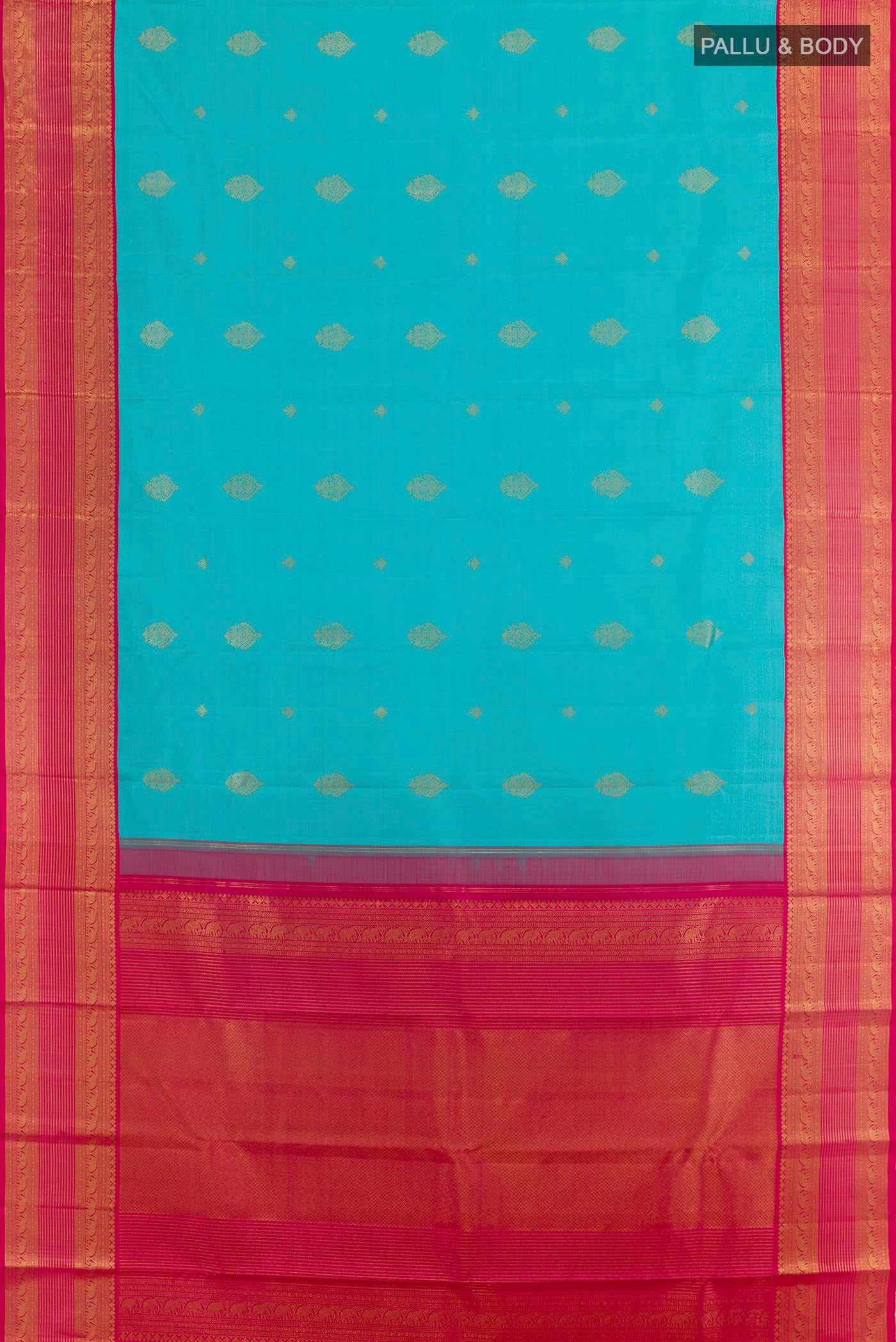 Flat view of Blue Kanjivaram Silk Saree with Zari Butta on the body and Zari Border. 