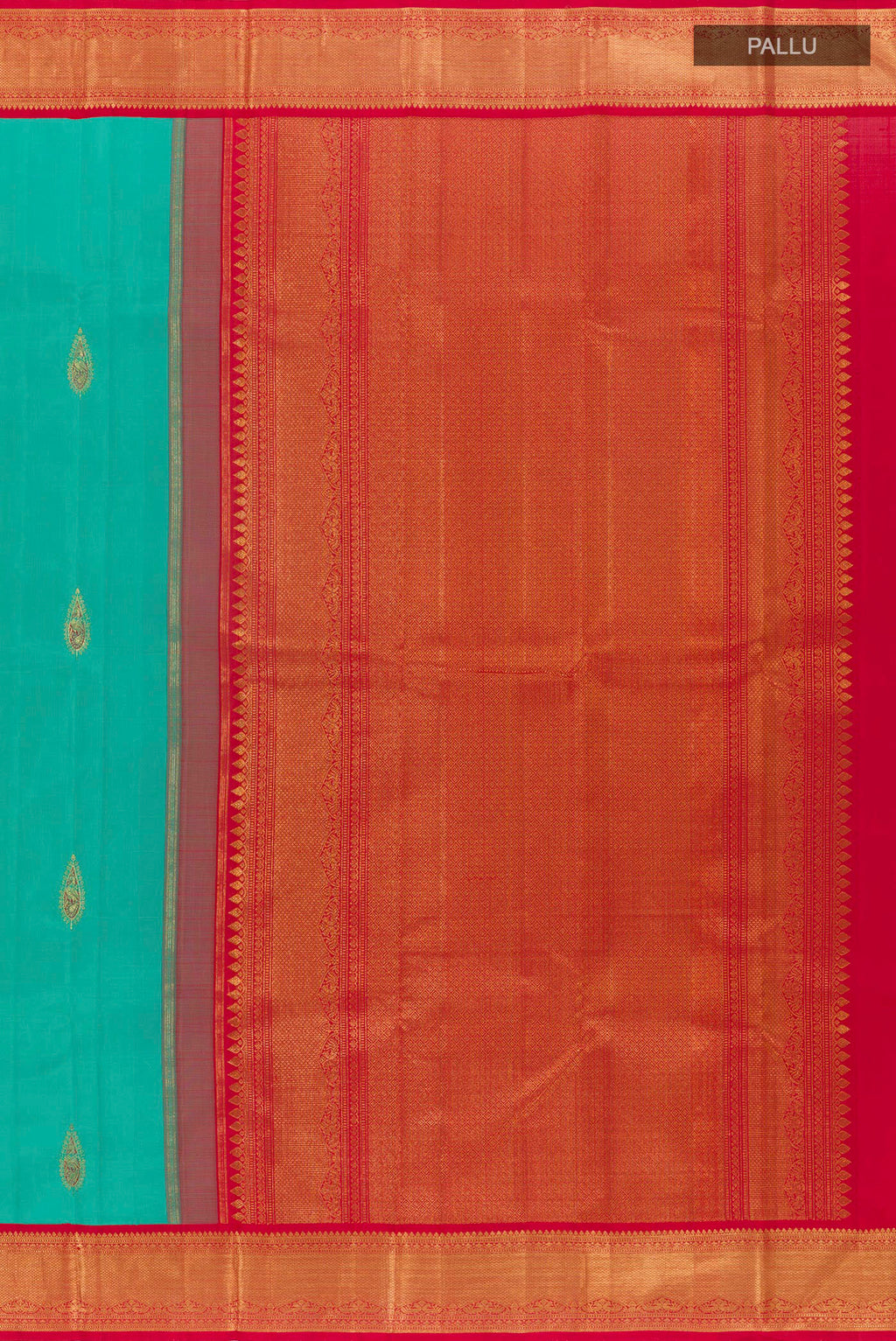 Close up image of the pallu of Sea Green Kanjivaram Silk Saree with Zari Butta on the body and Zari Border. 