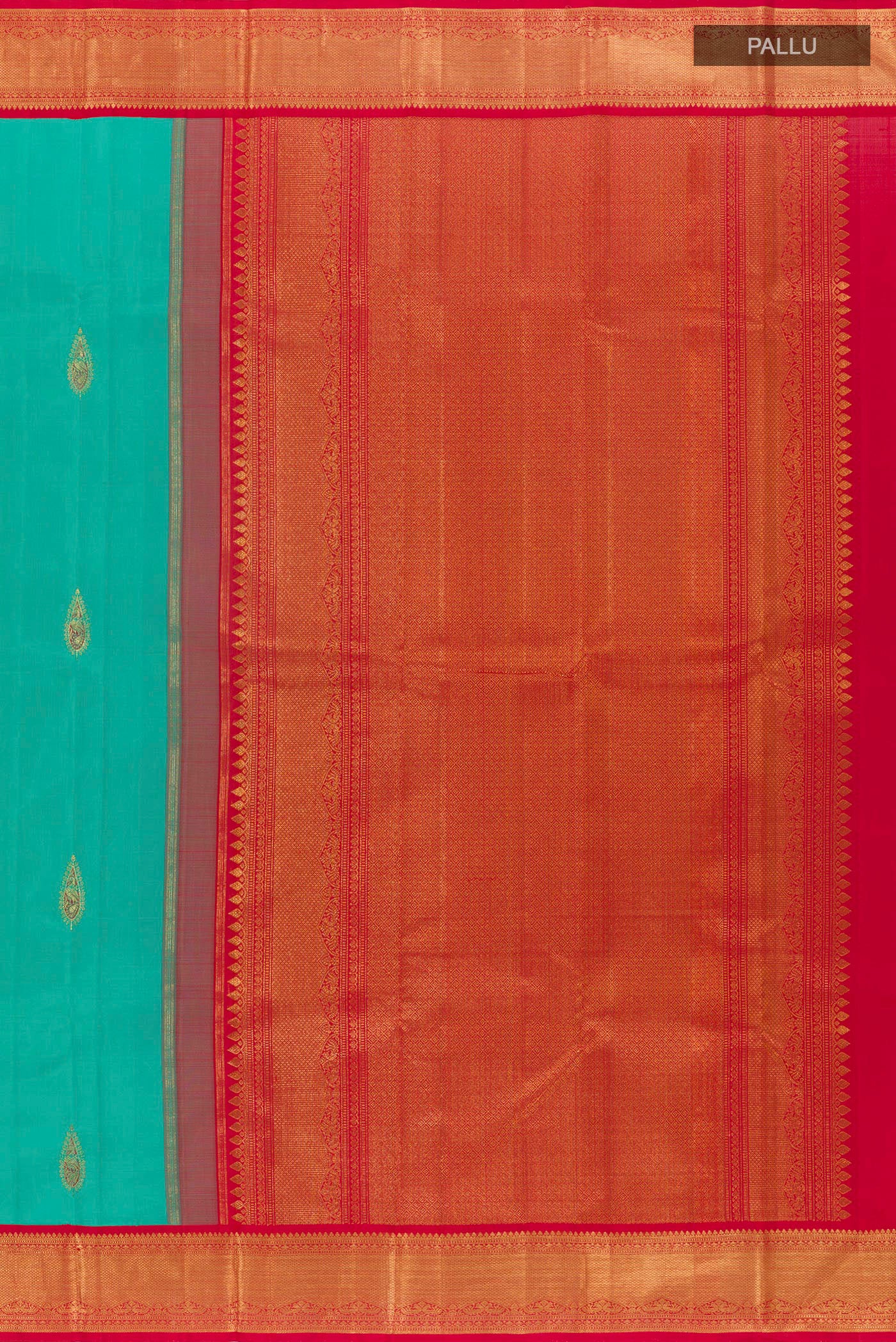 Close up image of the pallu of Sea Green Kanjivaram Silk Saree with Zari Butta on the body and Zari Border. 