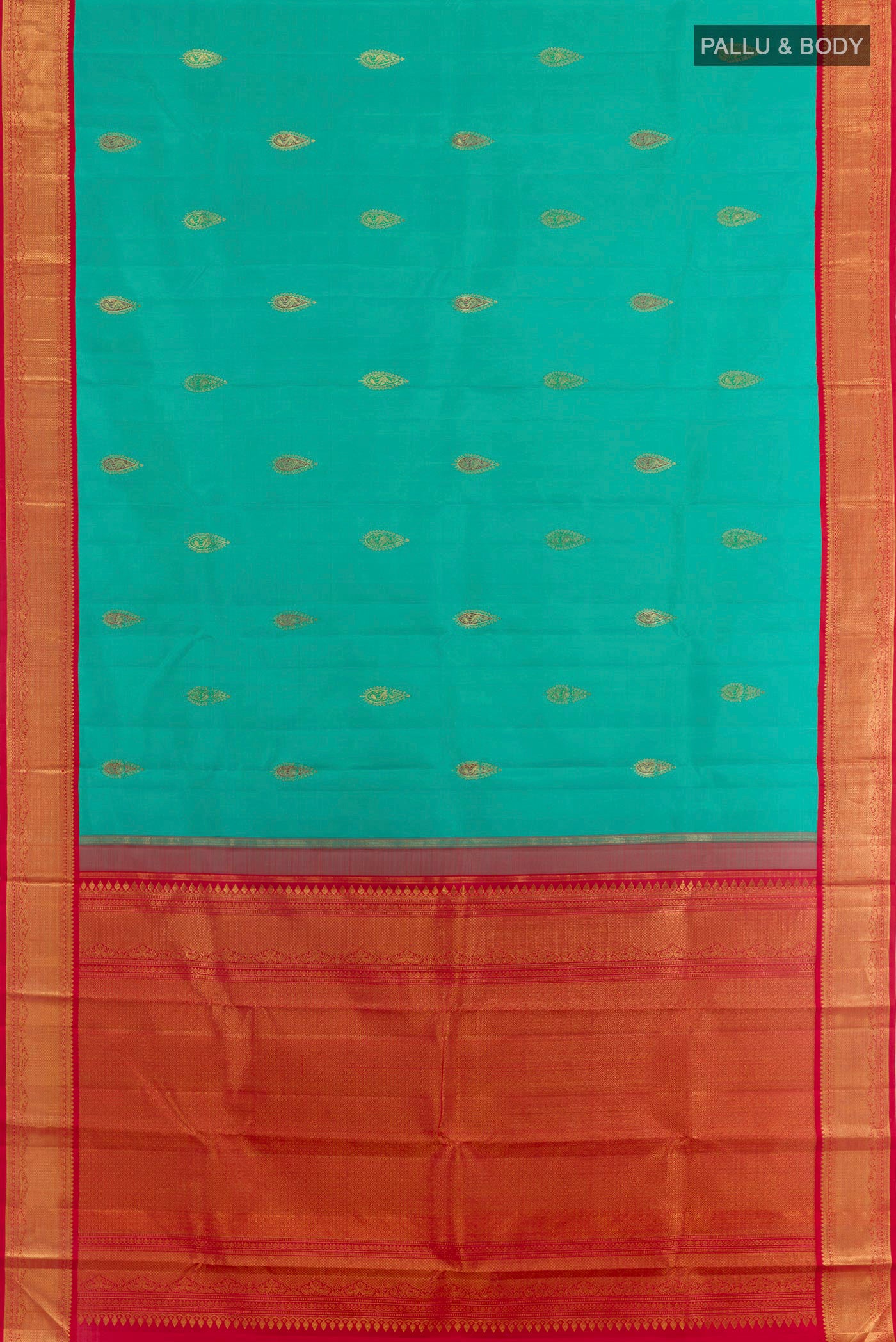 Flat view of Sea Green Kanjivaram Silk Saree with Zari Butta on the body and Zari Border. 