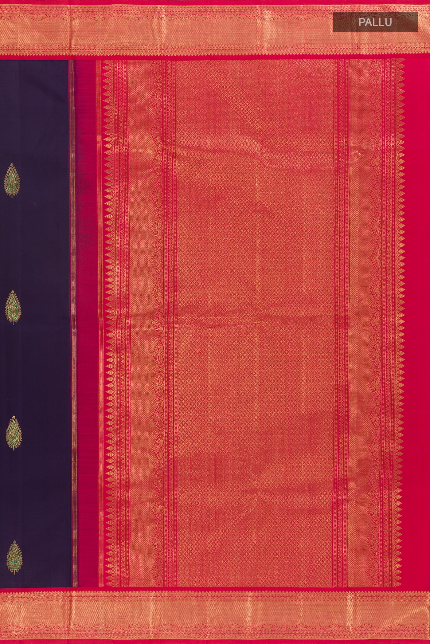 Close up image of the pallu of Blue Kanjivaram Silk Saree with Zari Butta on the body and Zari Border. 