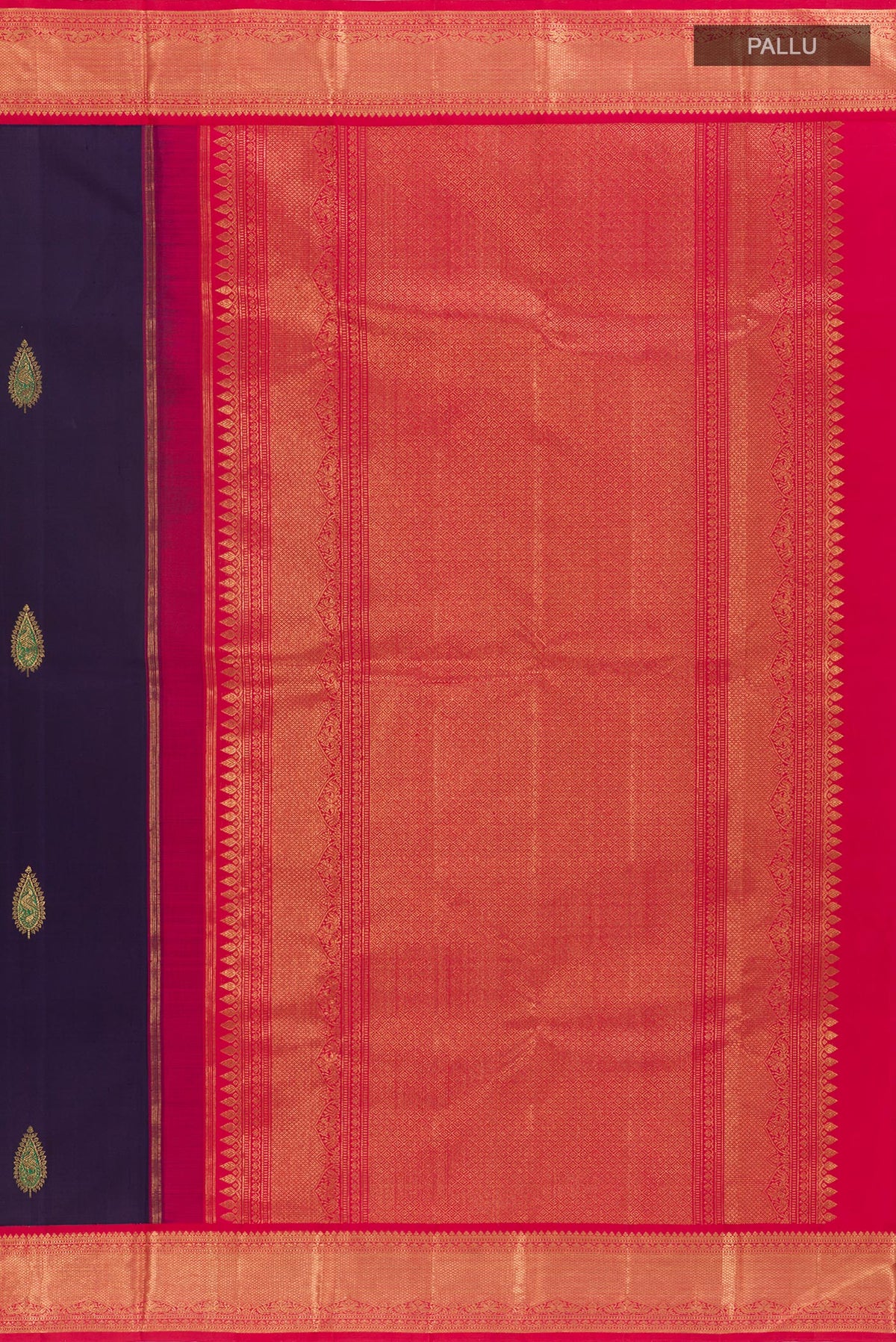 Close up image of the pallu of Blue Kanjivaram Silk Saree with Zari Butta on the body and Zari Border. 