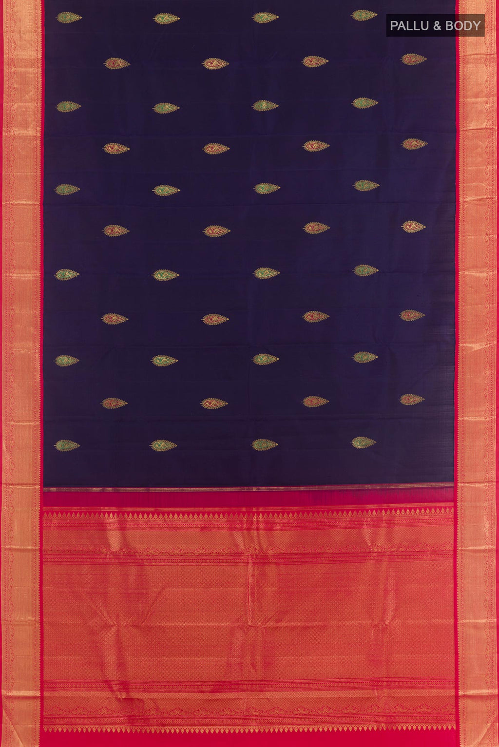 Flat view of Blue Kanjivaram Silk Saree with Zari Butta on the body and Zari Border. 
