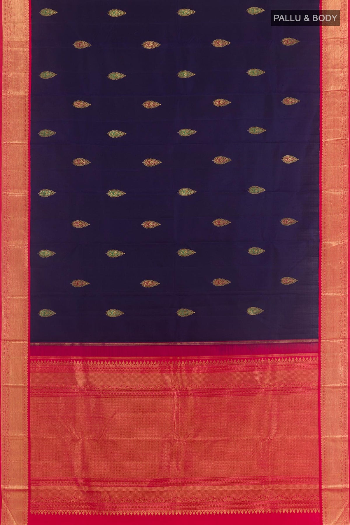 Flat view of Blue Kanjivaram Silk Saree with Zari Butta on the body and Zari Border. 