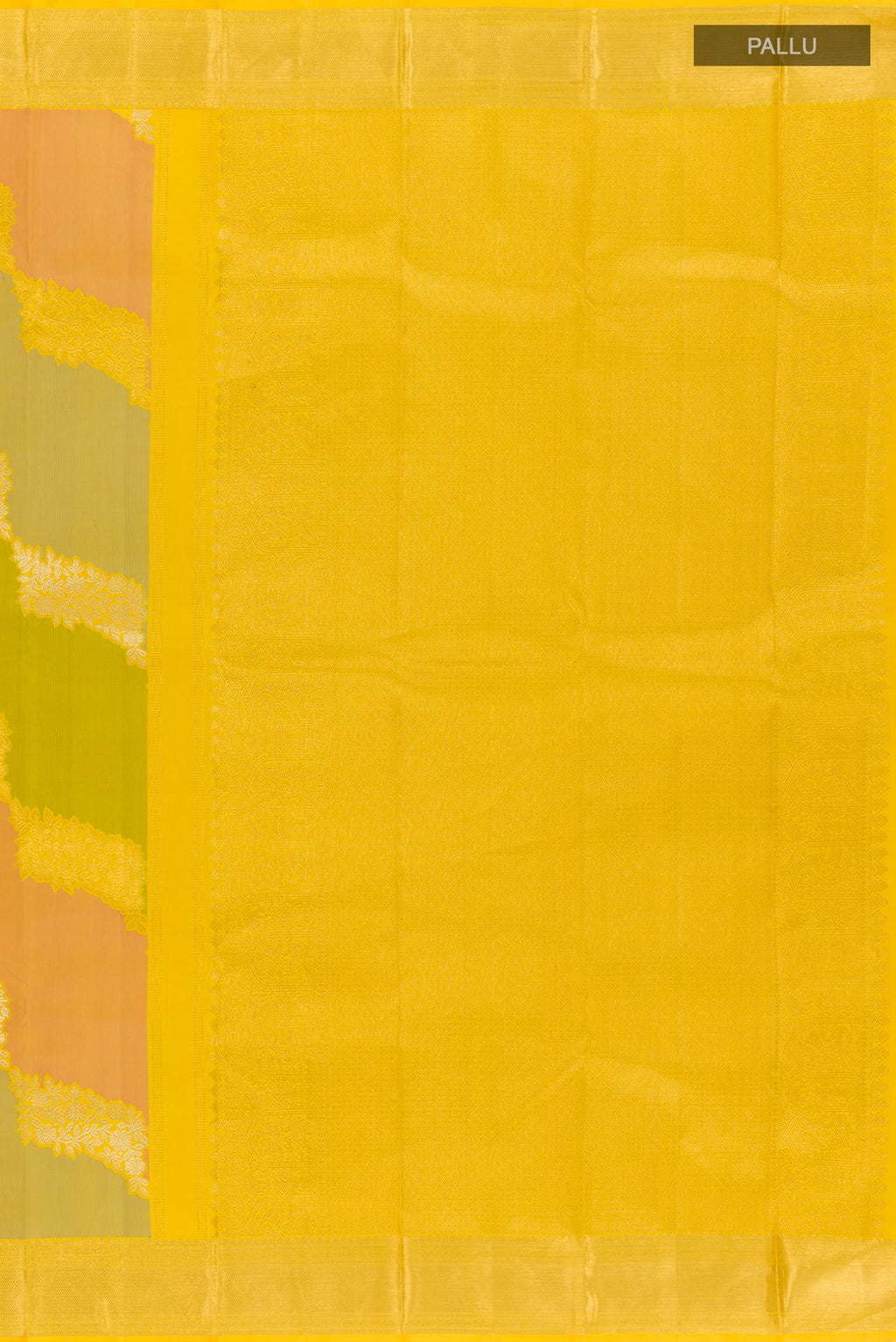Close up image of the pallu of Yellow Kanchipuram Silk Saree with Zari Brocade on the body and Zari Border. 