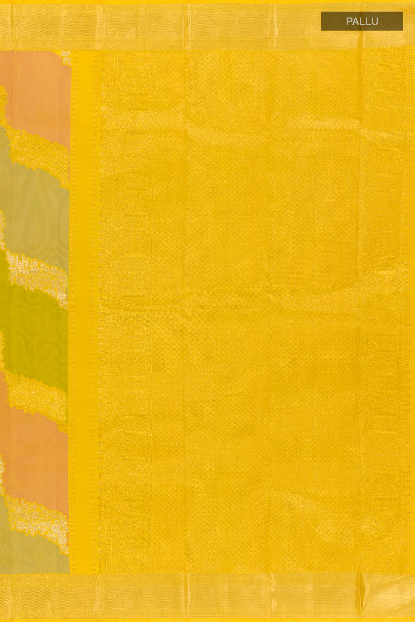 Close up image of the pallu of Yellow Kanchipuram Silk Saree with Zari Brocade on the body and Zari Border. 