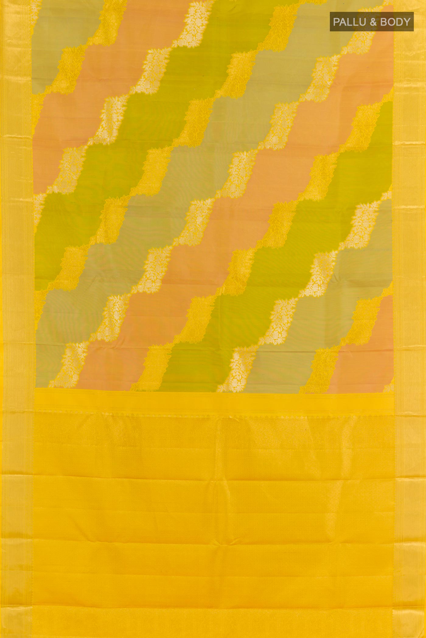 Flat view of Yellow Kanchipuram Silk Saree with Zari Brocade on the body and Zari Border. 