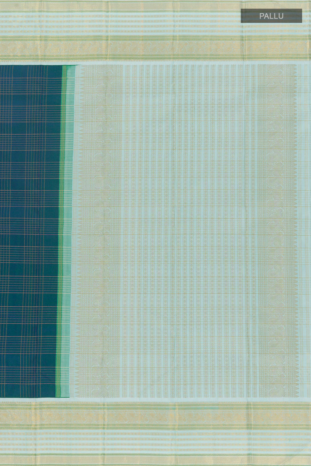 Close up image of the pallu of Peacock Blue Kanjivaram Silk Saree with Checked design on the body and Zari Border. 
