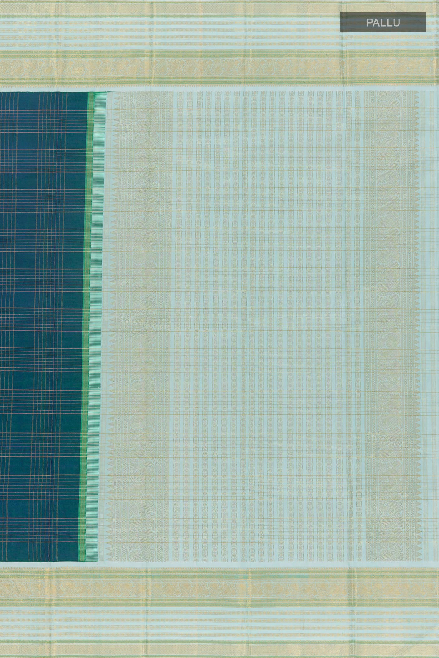 Close up image of the pallu of Peacock Blue Kanjivaram Silk Saree with Checked design on the body and Zari Border. 
