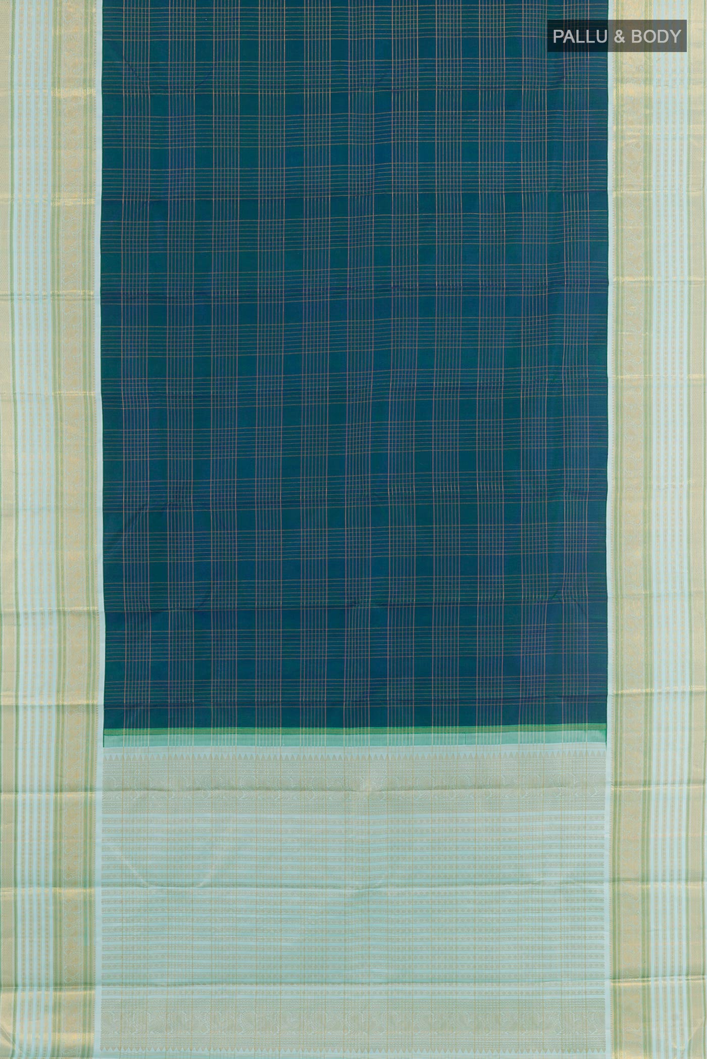 Flat view of Peacock Blue Kanjivaram Silk Saree with Checked design on the body and Zari Border. 