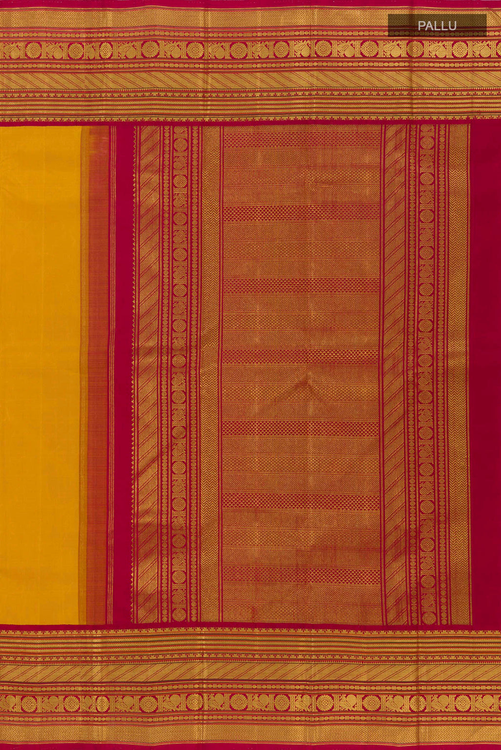 Close up image of the pallu of Yellow Kanjivaram Silk Saree with Plain Body and Zari Border. 
