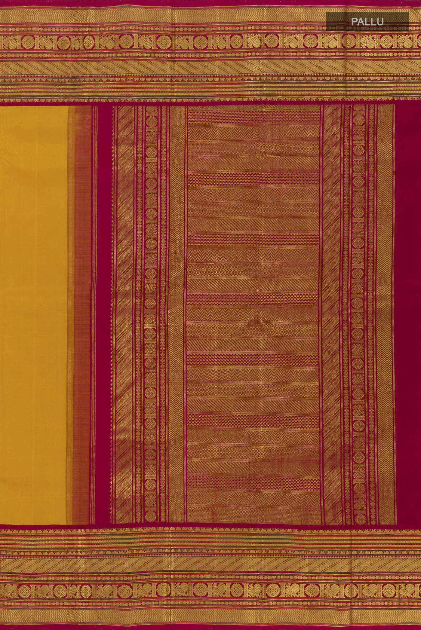 Close up image of the pallu of Yellow Kanjivaram Silk Saree with Plain Body and Zari Border. 