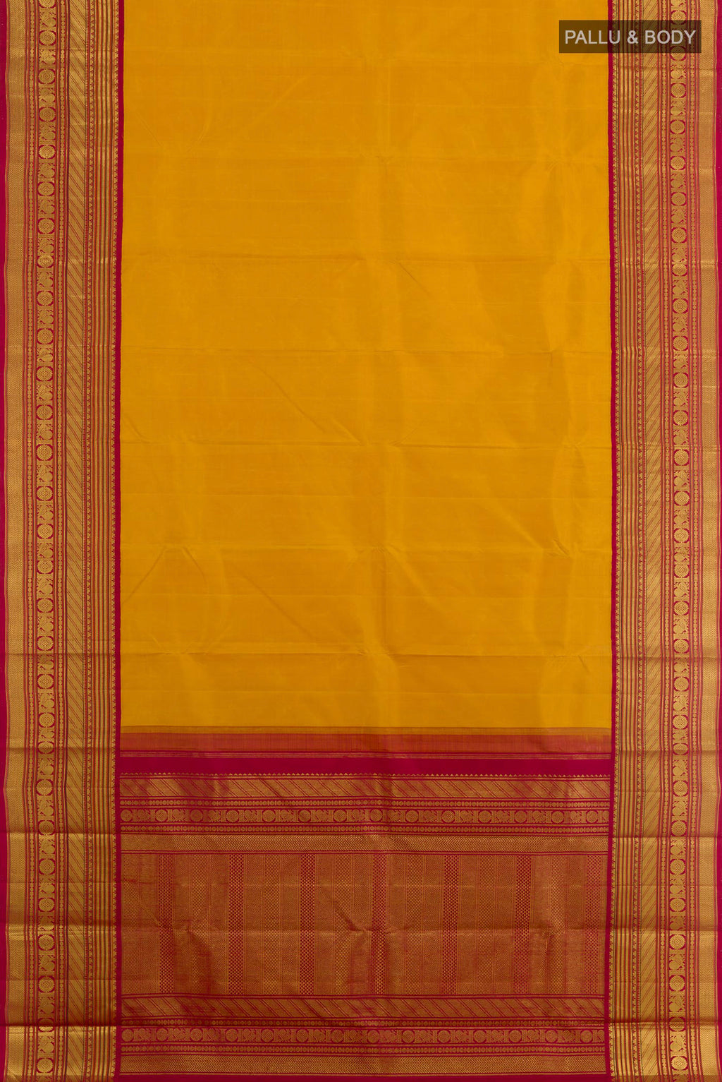 Flat view of Yellow Kanjivaram Silk Saree with Plain Body and Zari Border. 