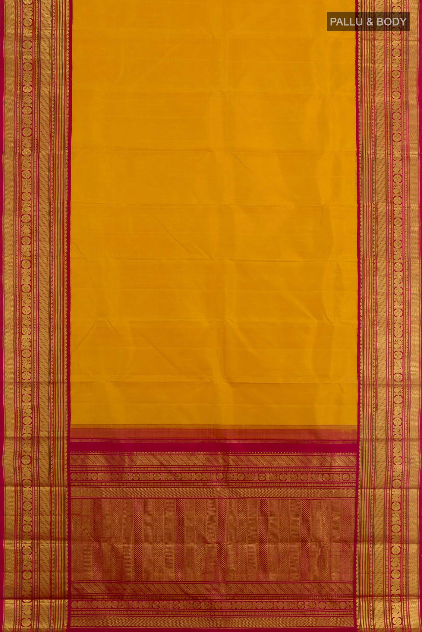 Flat view of Yellow Kanjivaram Silk Saree with Plain Body and Zari Border. 
