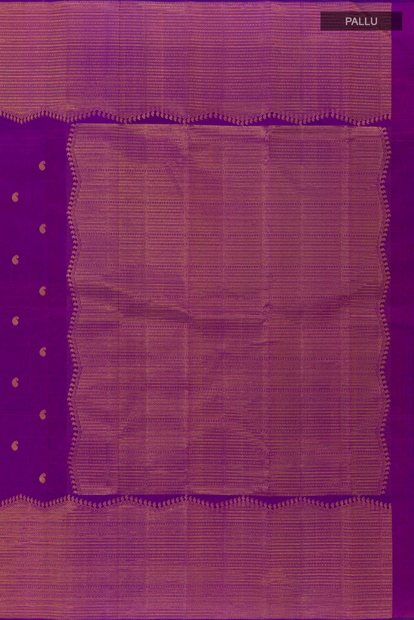 Close up image of the pallu of Purple Kanjivaram Silk Saree with Zari Butta on the body and Zari Border. 