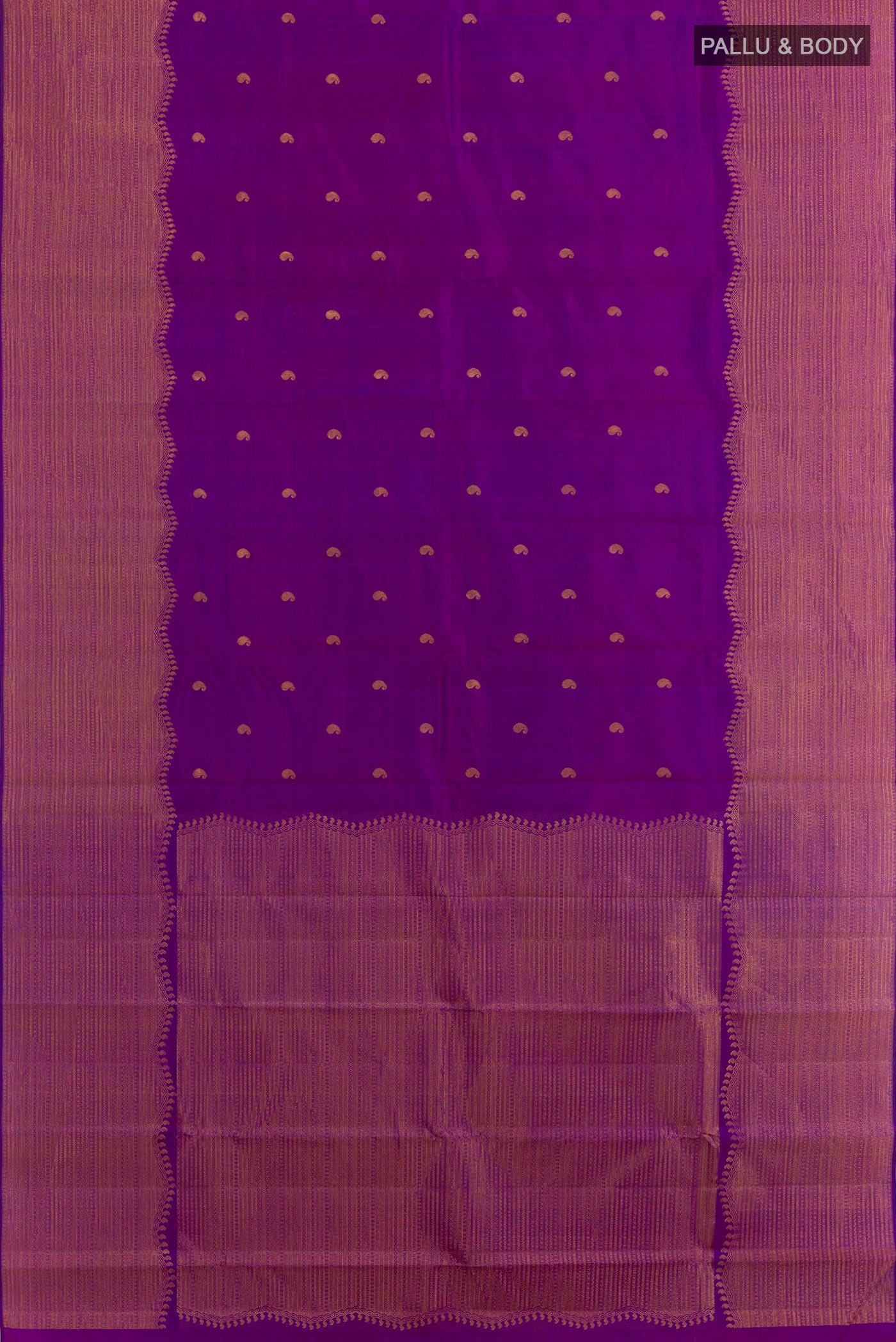 Flat view of Purple Kanjivaram Silk Saree with Zari Butta on the body and Zari Border. 