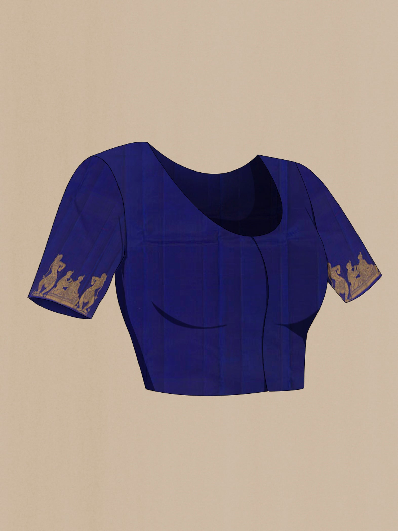 Close up image of the blouse of Blue Kanjivaram Silk Saree with Zari Butta on the body and Zari Border. 