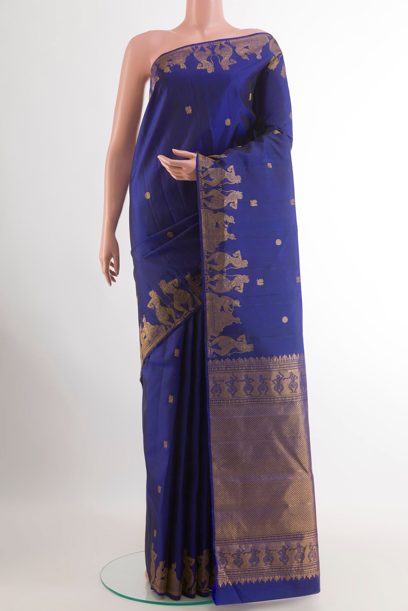 Blue Kanjivaram Silk Saree with Zari Butta on the body and Zari Border.  displayed on a mannequin