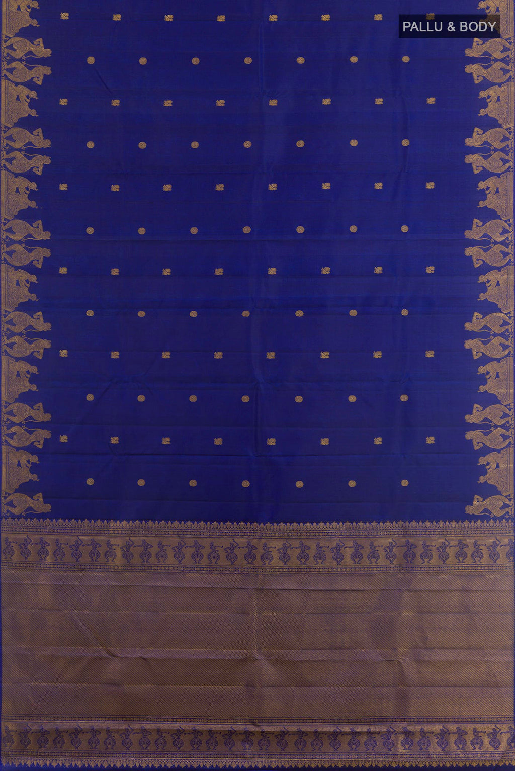 Flat view of Blue Kanjivaram Silk Saree with Zari Butta on the body and Zari Border. 