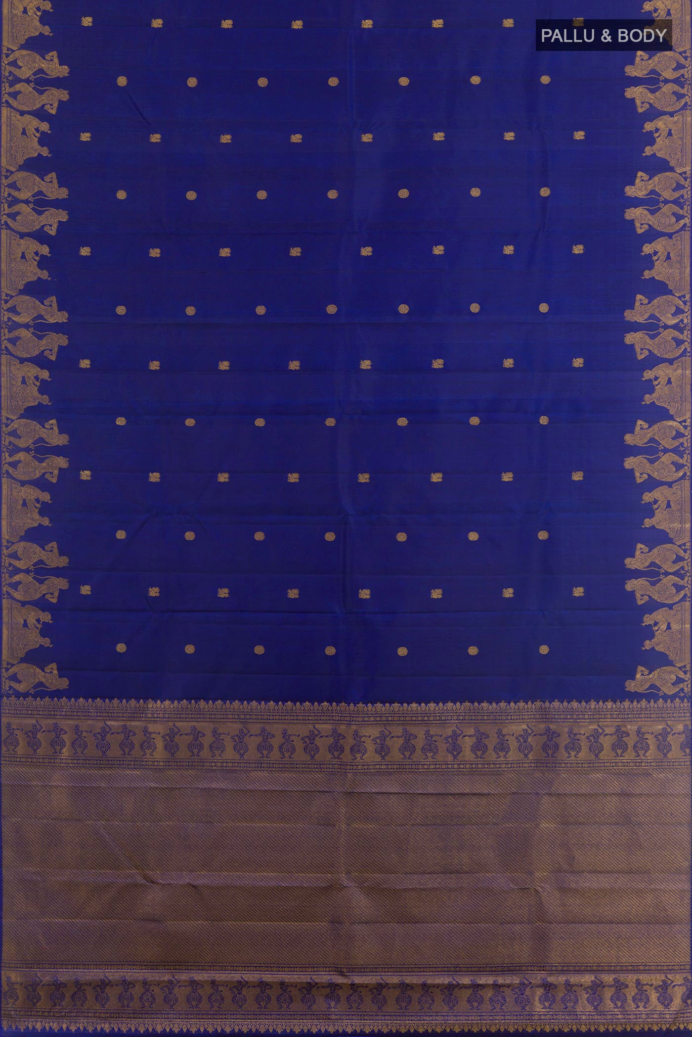 Flat view of Blue Kanjivaram Silk Saree with Zari Butta on the body and Zari Border. 