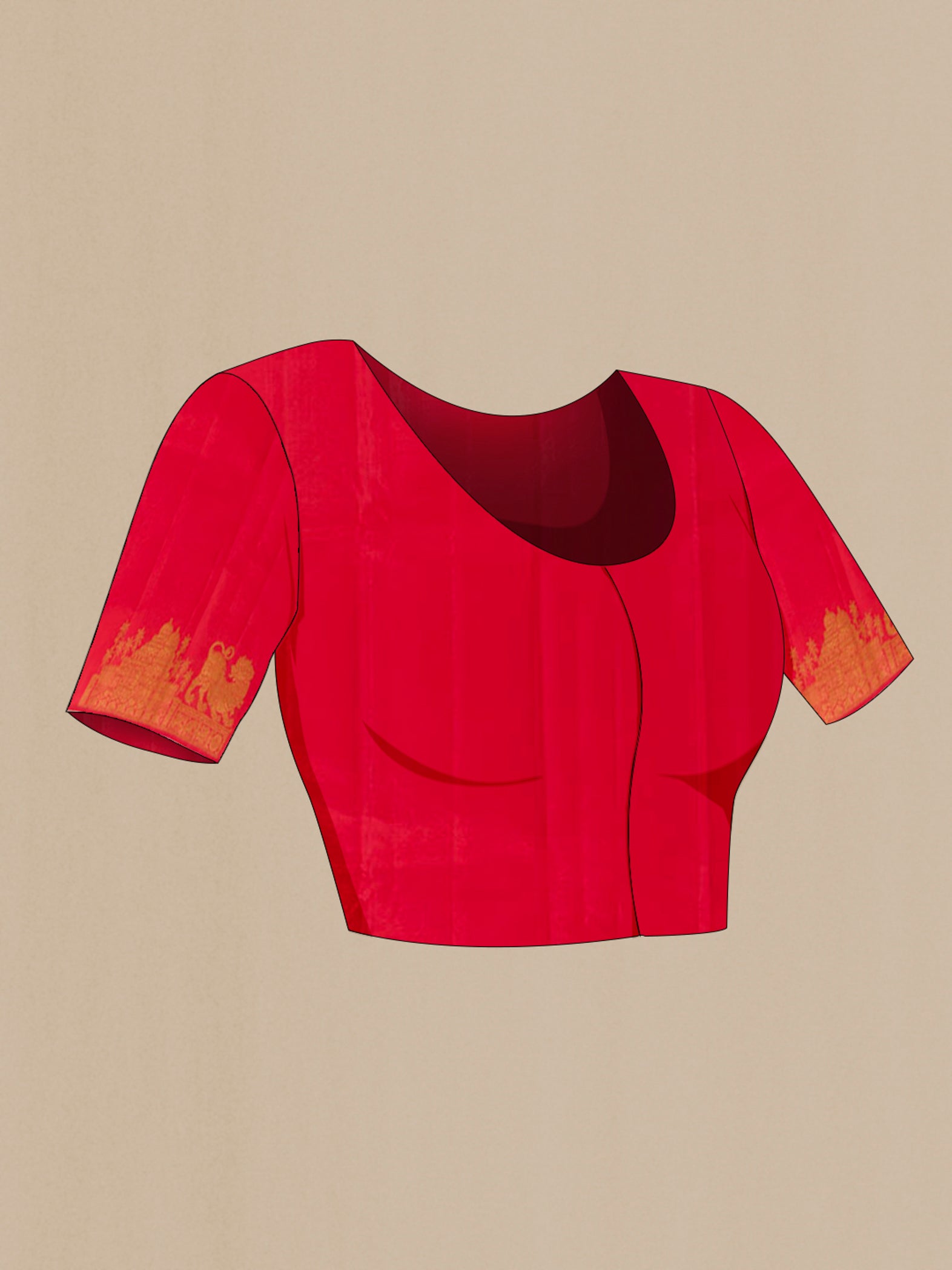 Close up image of the blouse of Red Kanjivaram Silk Saree with Zari Butta on the body and Zari Border. 