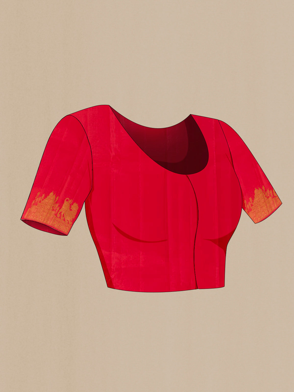 Close up image of the blouse of Red Kanjivaram Silk Saree with Zari Butta on the body and Zari Border. 