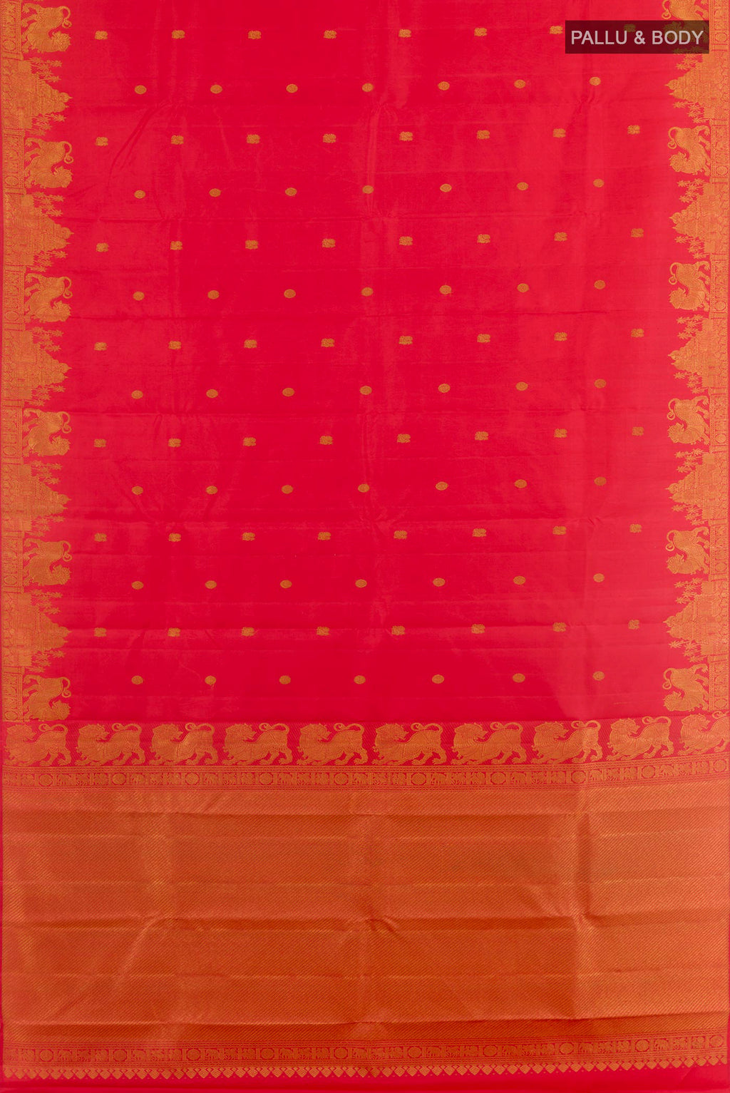 Flat view of Red Kanjivaram Silk Saree with Zari Butta on the body and Zari Border. 