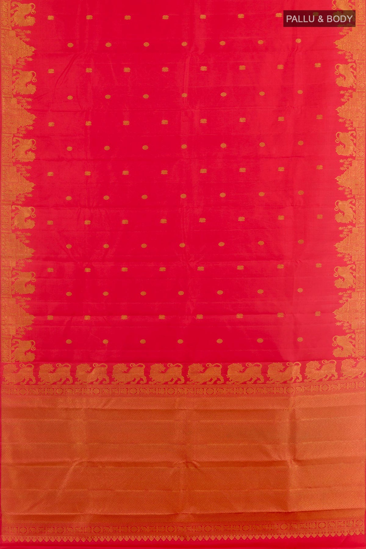 Flat view of Red Kanjivaram Silk Saree with Zari Butta on the body and Zari Border. 