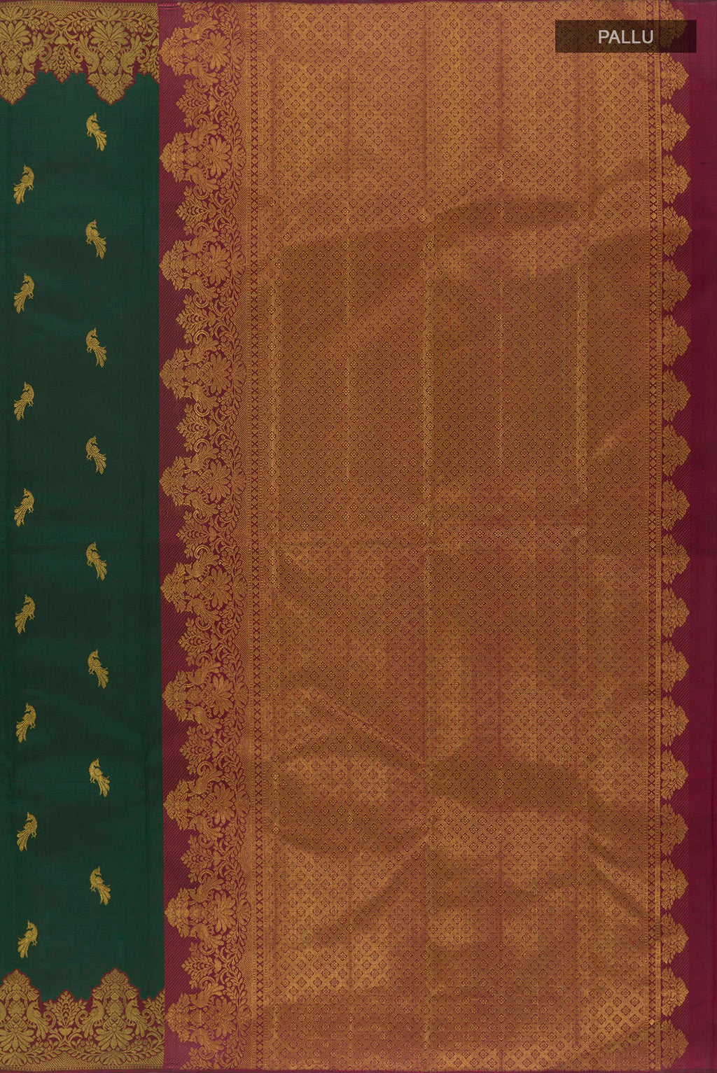 Close up image of the pallu of Bottle Green Kanchipuram Silk Saree with Zari Butta on the body and Zari Border. 