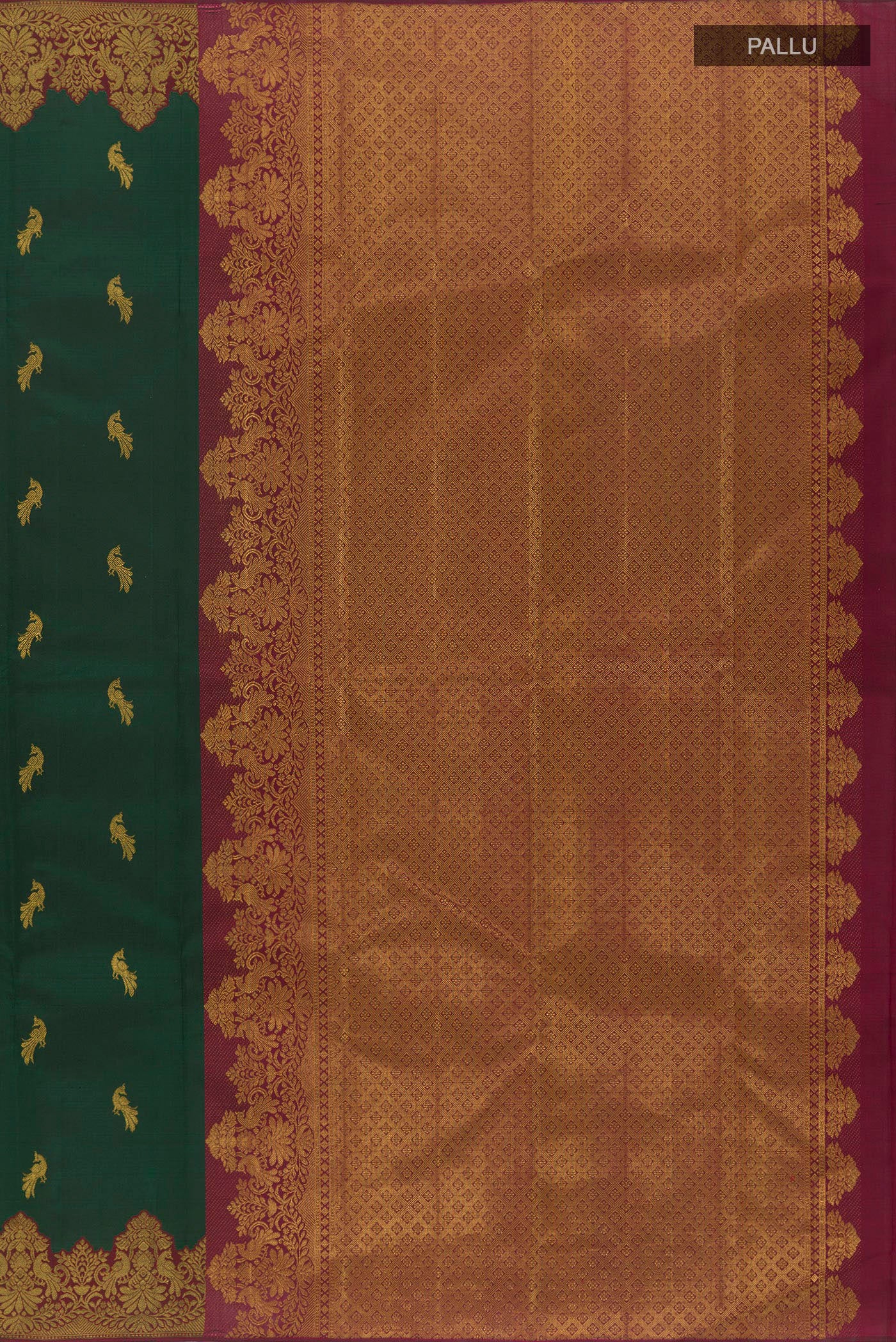 Close up image of the pallu of Bottle Green Kanchipuram Silk Saree with Zari Butta on the body and Zari Border. 