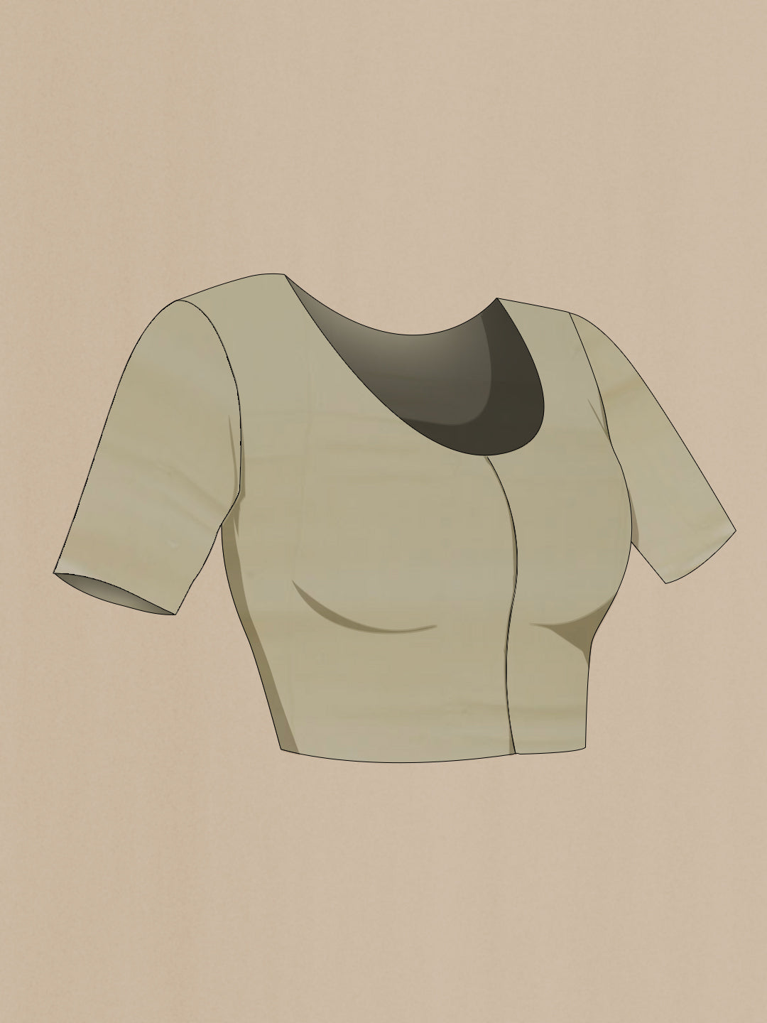 Close up image of the blouse of Beige Chiffon Saree with Printed design on the body and Plain Border. 