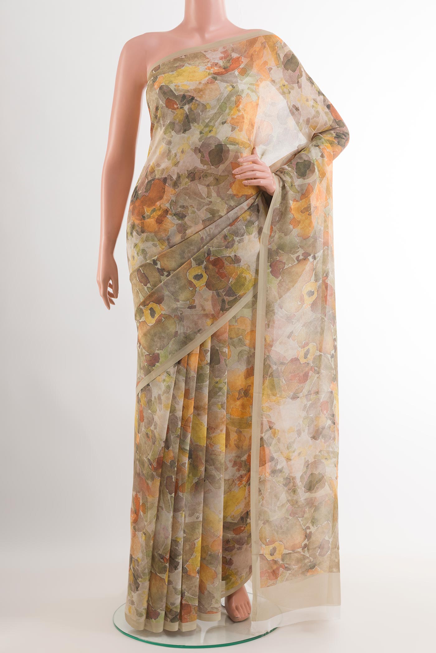 Beige Chiffon Saree with Printed design on the body and Plain Border.  displayed on a mannequin