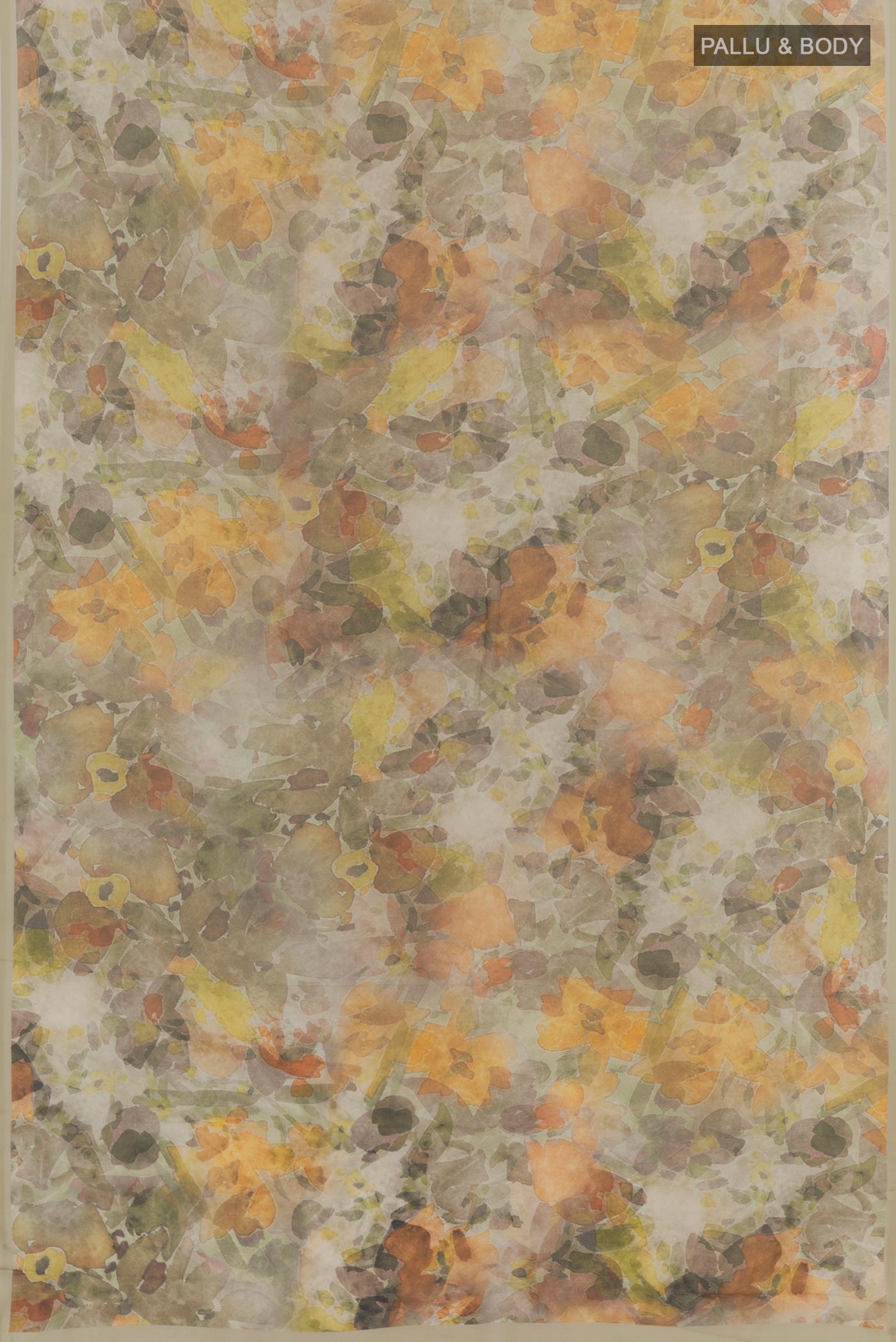 Flat view of Beige Chiffon Saree with Printed design on the body and Plain Border. 