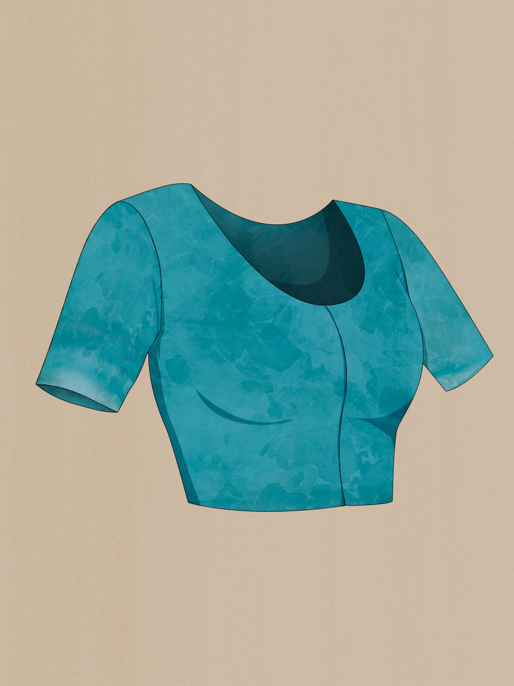 Close up image of the blouse of Blue Chiffon Saree with Printed design on the body and Plain Border. 