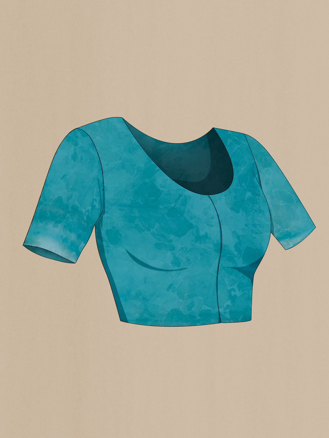 Close up image of the blouse of Blue Chiffon Saree with Printed design on the body and Plain Border. 